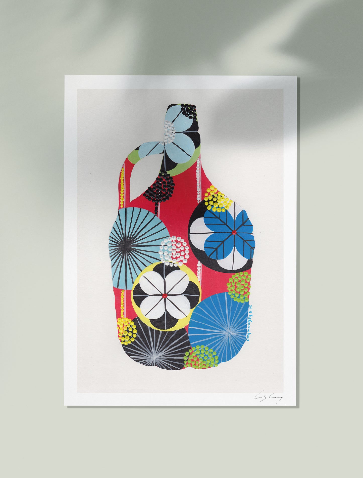 An unframed fine art print, by Lis Gonçalves. Open edition, signed by the artist. Printed in Hahnemühle matt fibre paper; featuring a colorful abstract design of a 5litre bottle of wine on a light gray background.