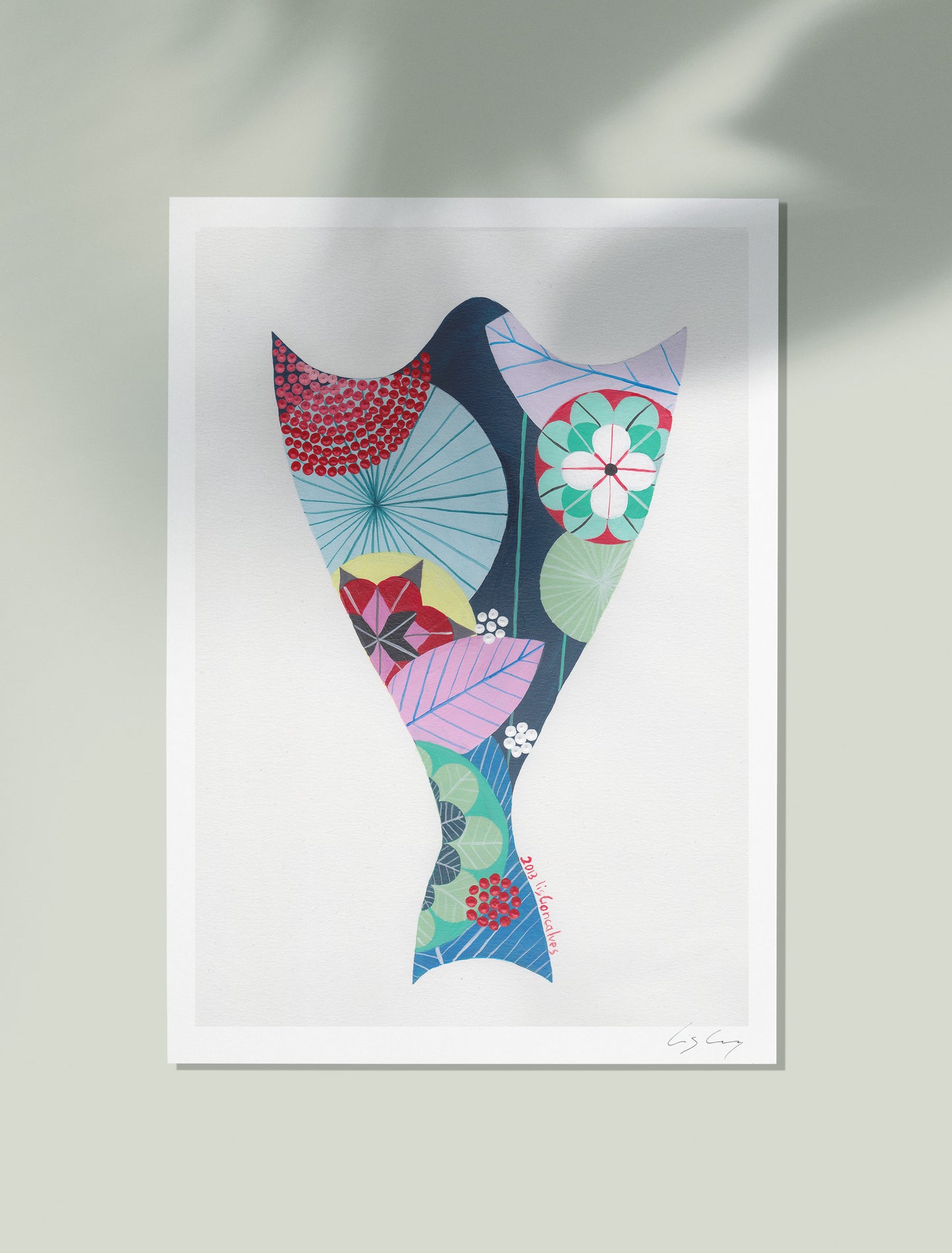 An unframed fine art print, by Lis Gonçalves. Open edition, signed by the artist (printed in Hahnemühle matt fibre paper) featuring a colorful abstract bacalhau artwork on a light gray background