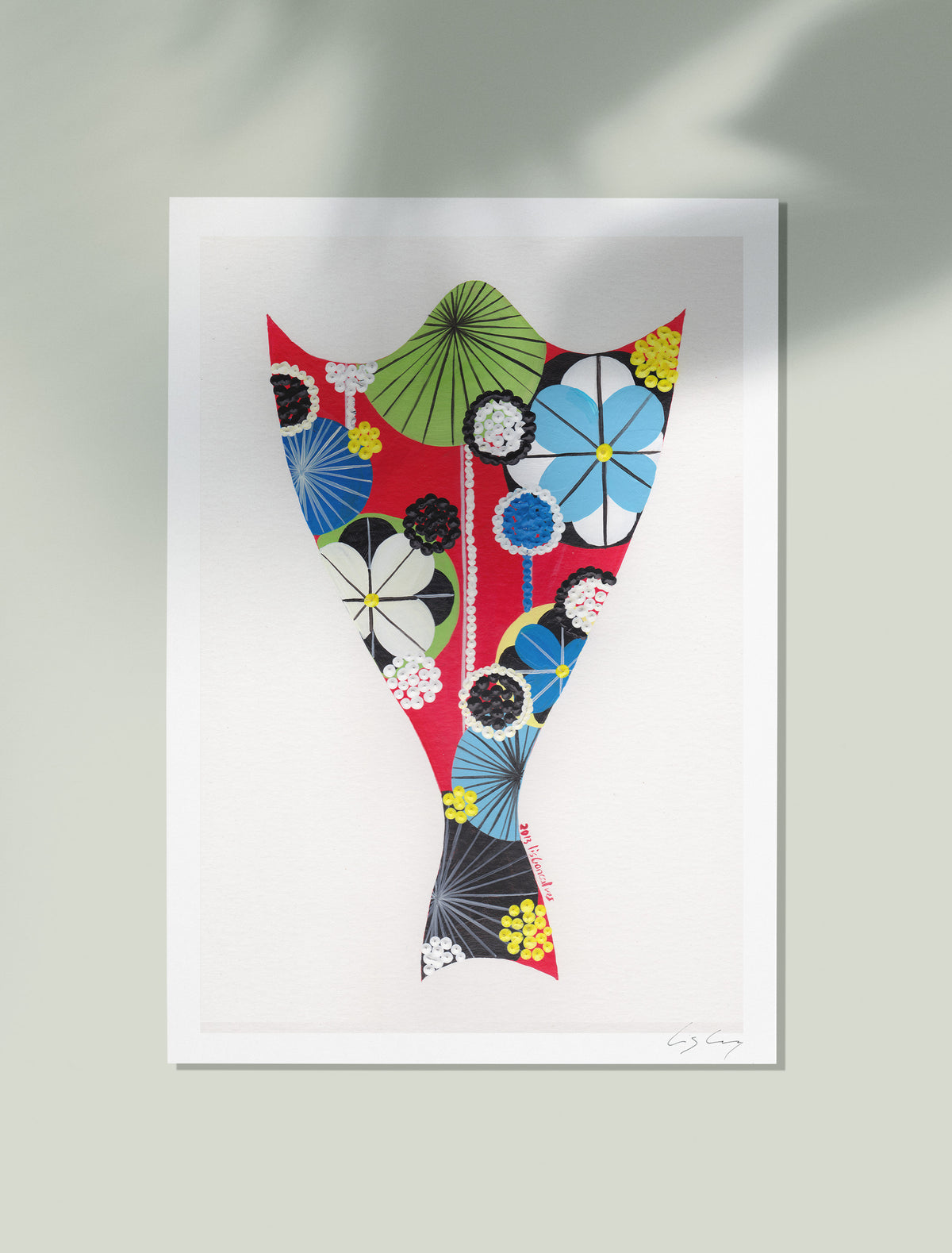 An unframed fine art print, by Lis Gonçalves. Open edition, signed by the artist (printed in Hahnemühle matt fibre paper) featuring a colorful bacalhau on a light gray background