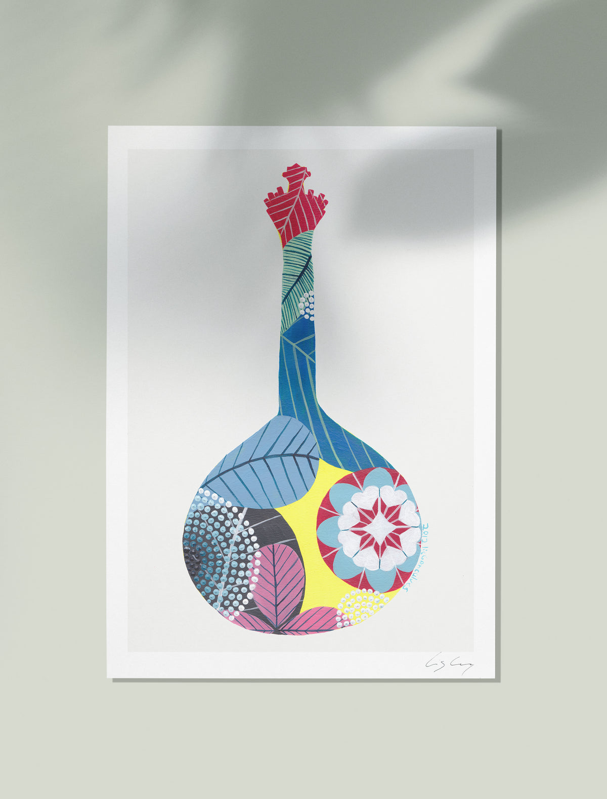 An unframed fine art print, by Lis Gonçalves. Open edition, signed by the artist (printed in Hahnemühle matt fibre paper) featuring a colorful Portuguese guitar, on a white background
