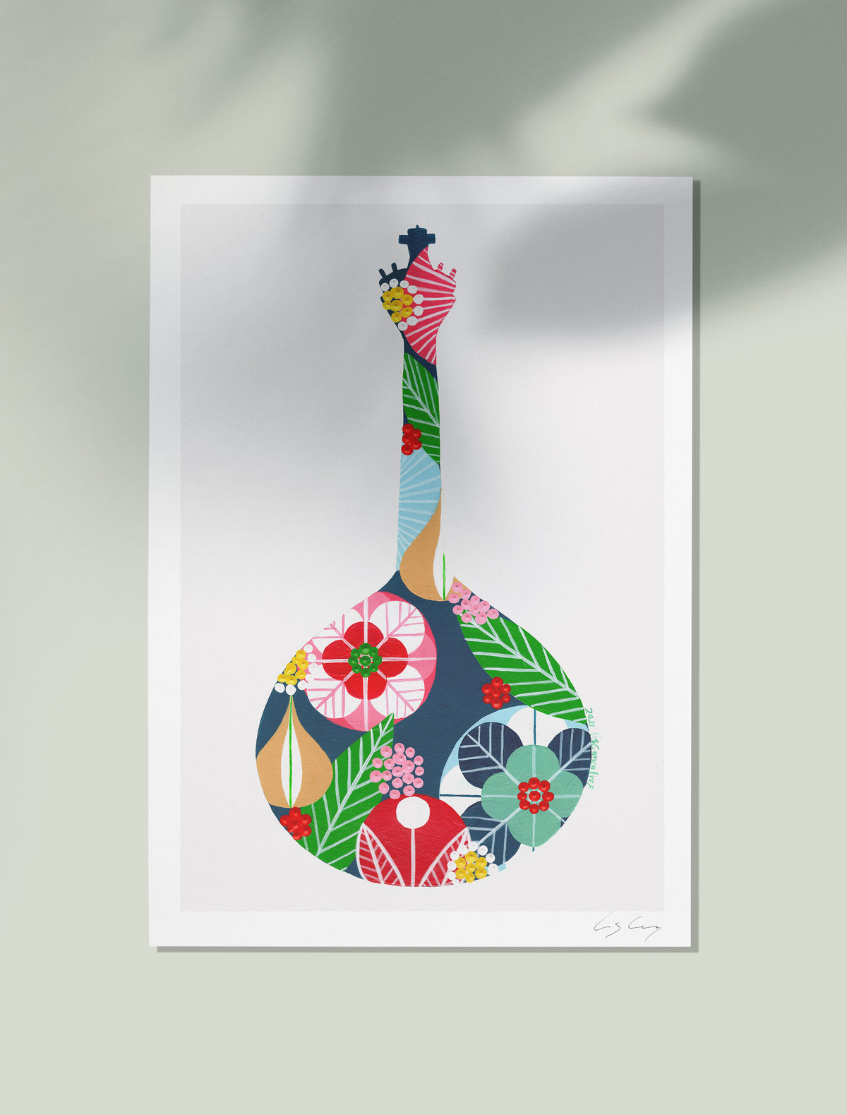 An unframed fine art print, by Lis Gonçalves. Open edition, signed by the artist (printed in Hahnemühle matt fibre paper) featuring a colorful Portuguese guitar, on a white background