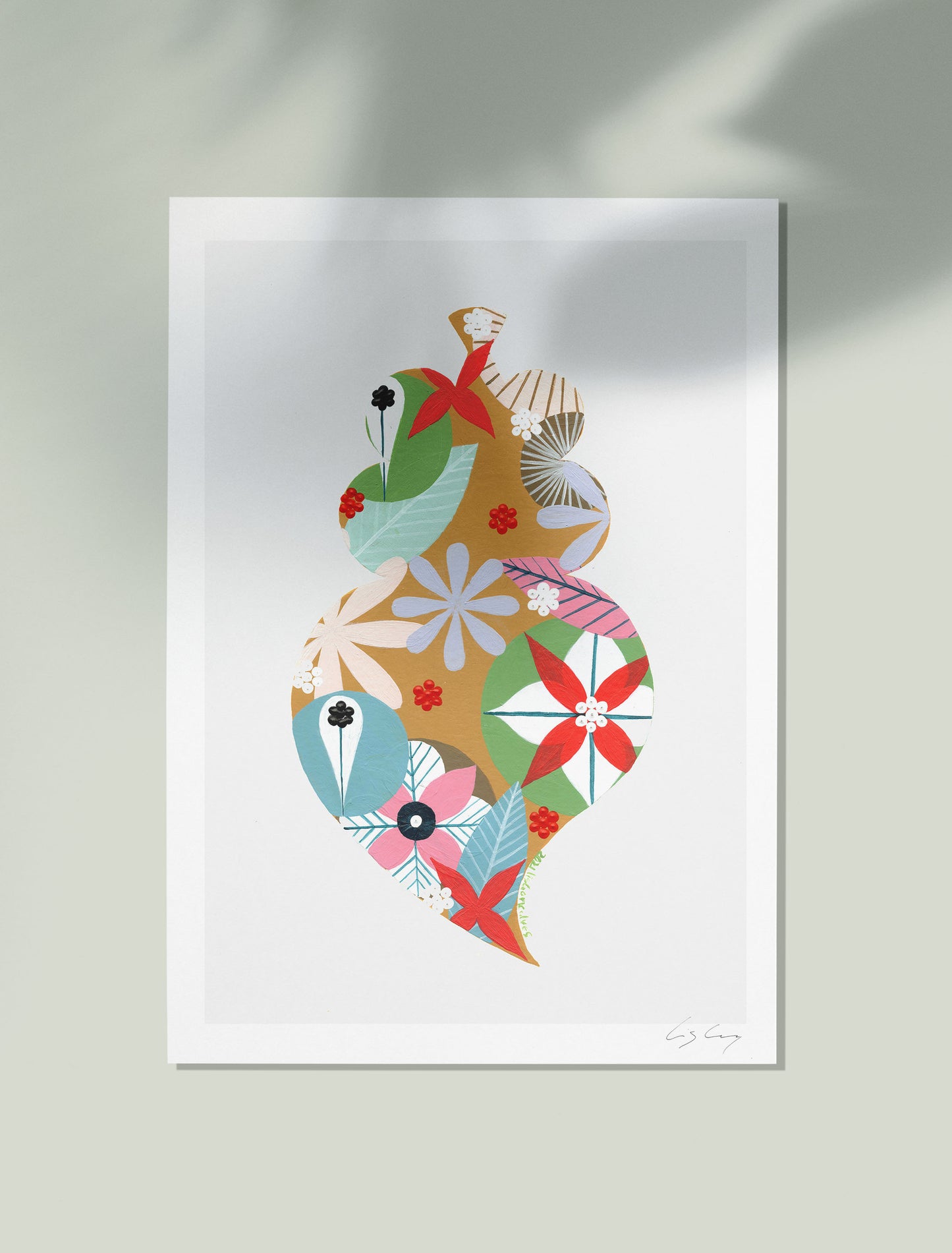 An unframed fine art print, by Lis Gonçalves. Open edition, signed by the artist (printed in Hahnemühle matt fibre paper) featuring a colorful Portuguese Viana heart Colorful abstract design on a white background