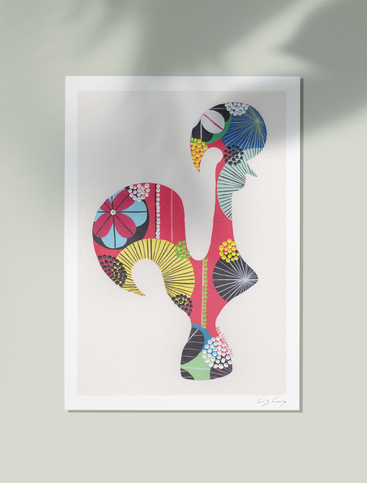 An unframed fine art print, by Lis Gonçalves. Open edition, signed by the artist (printed in Hahnemühle matt fibre paper) featuring a colorful Portuguese rooster on a white background