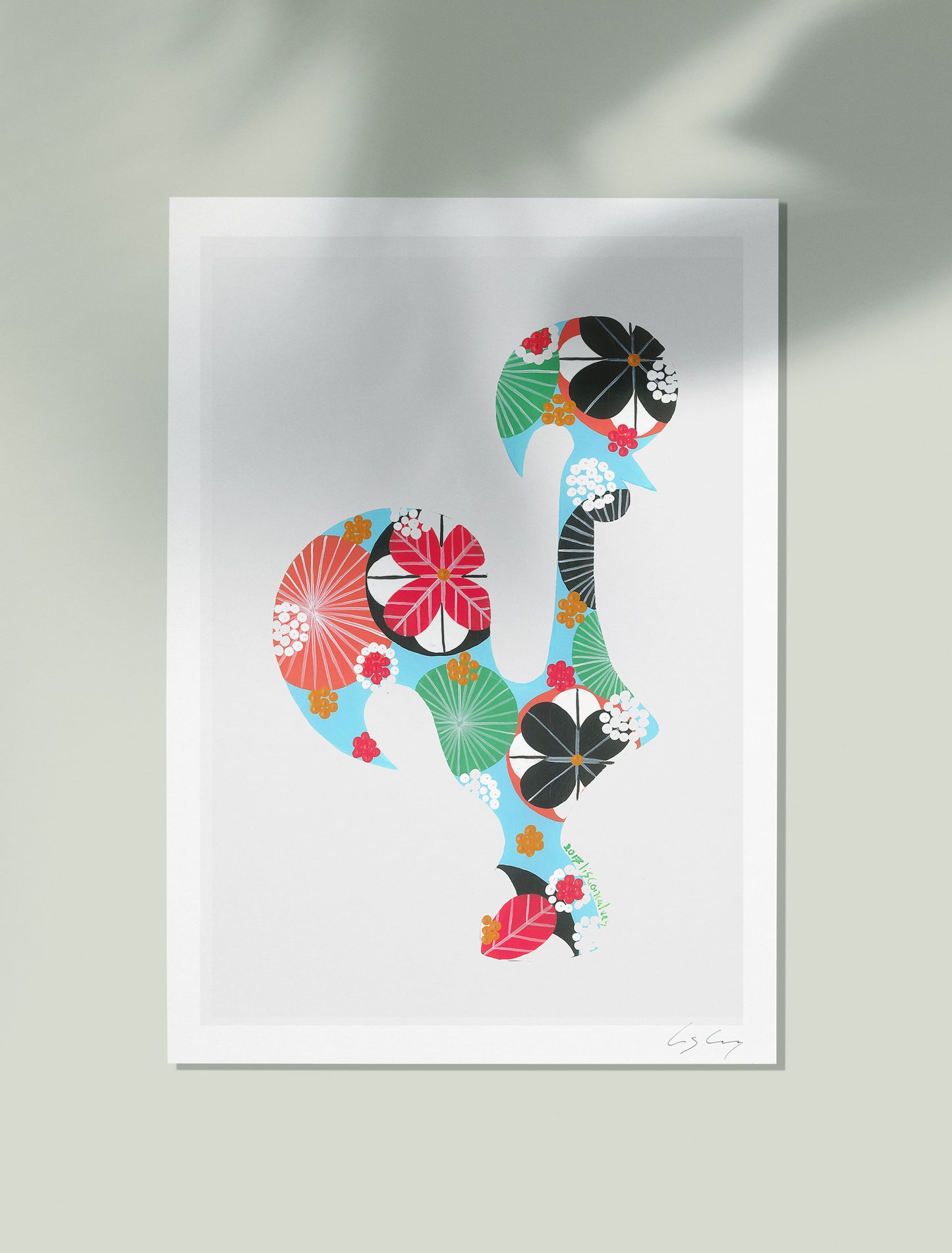 An unframed fine art print, by Lis Gonçalves. Open edition, signed by the artist (printed in Hahnemühle matt fibre paper) featuring a colorful Portuguese rooster on a white background.