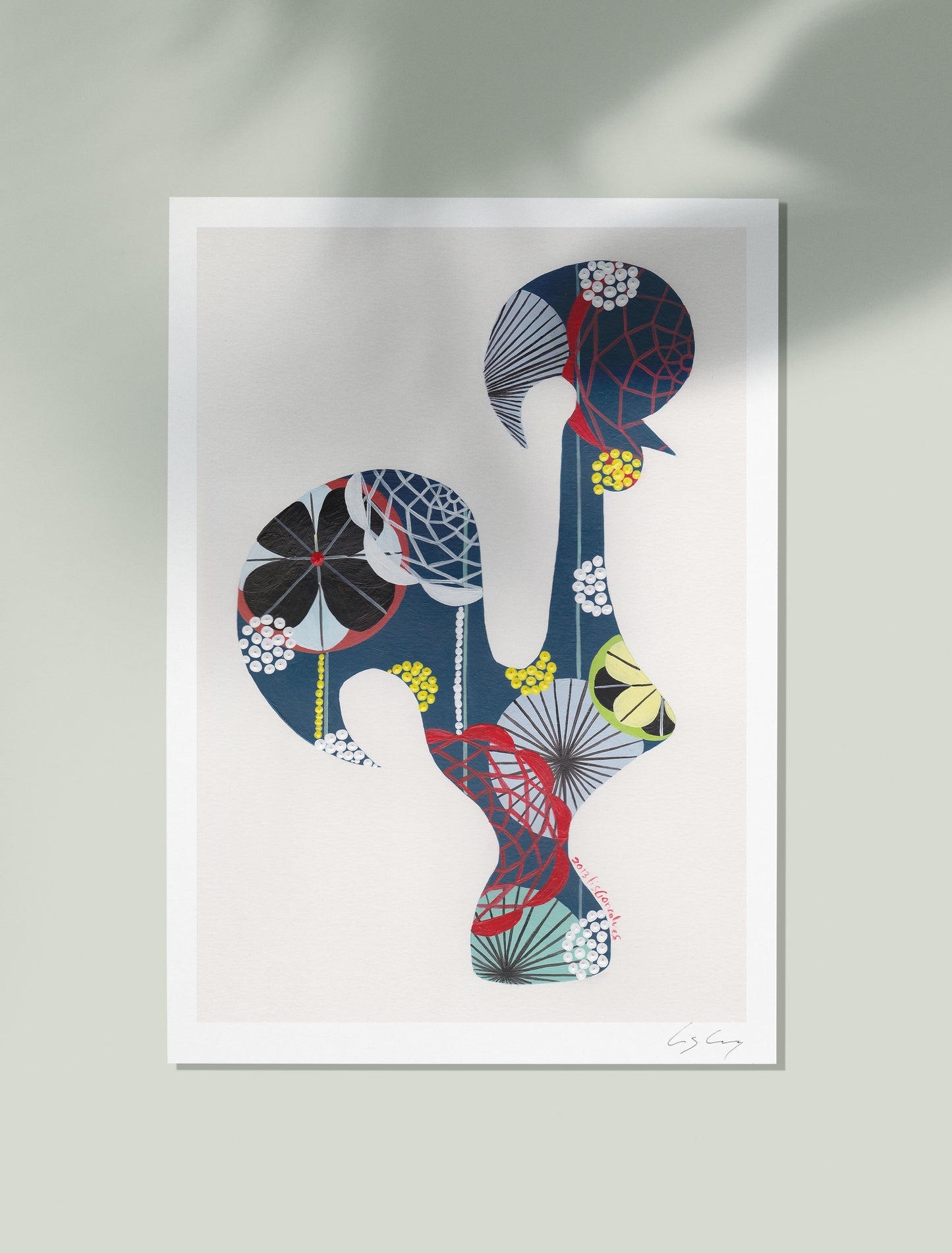An uframed fine art print, by Lis Gonçalves. Open edition, signed by the artist (printed in Hahnemühle matt fibre paper) featuring a colorful Portuguese rooster displayed over a white background