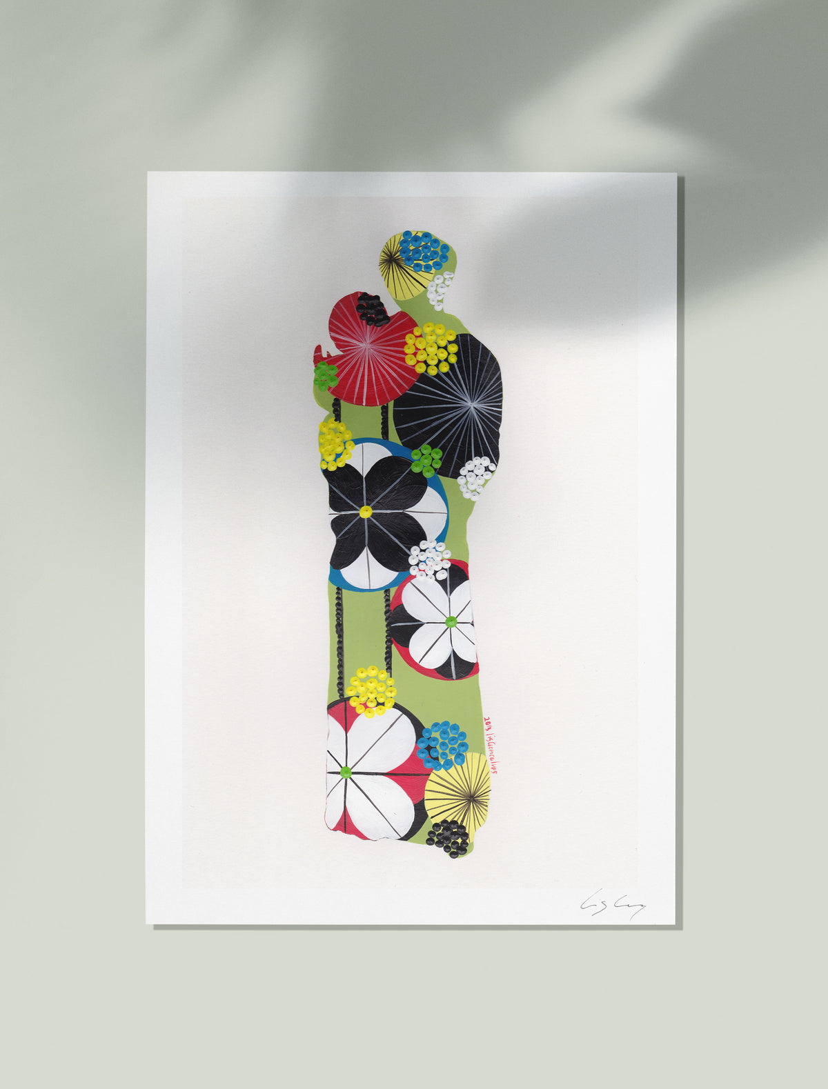 An unframed fine art print, by Lis Gonçalves. Open edition, signed by the artist (printed in Hahnemühle matt fibre paper) featuring a colorful Saint Anthony on a white background.