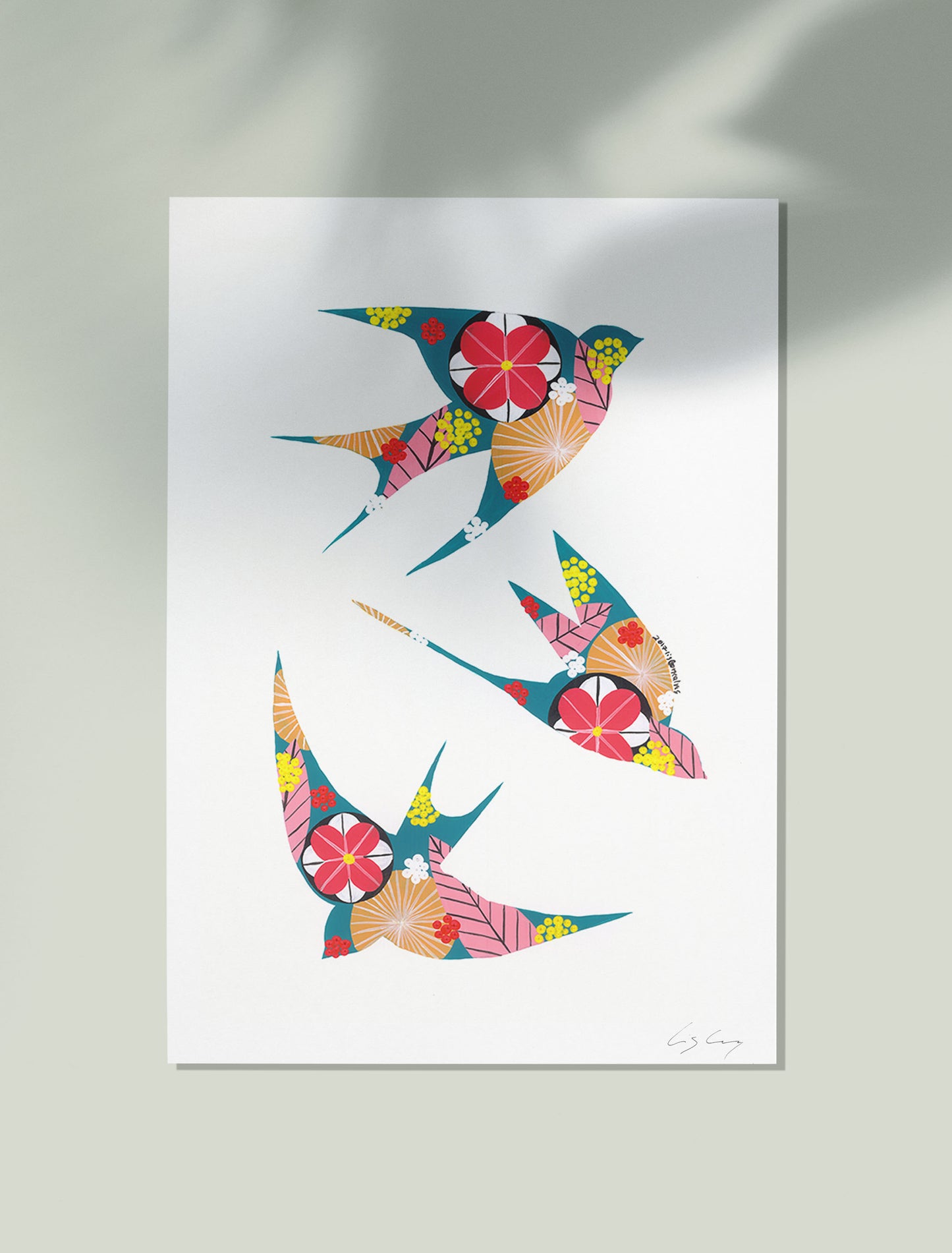 An unframed fine art print, by Lis Gonçalves. Open edition, signed by the artist (printed in Hahnemühle matt fibre paper) featuring colorful swallows on a white background