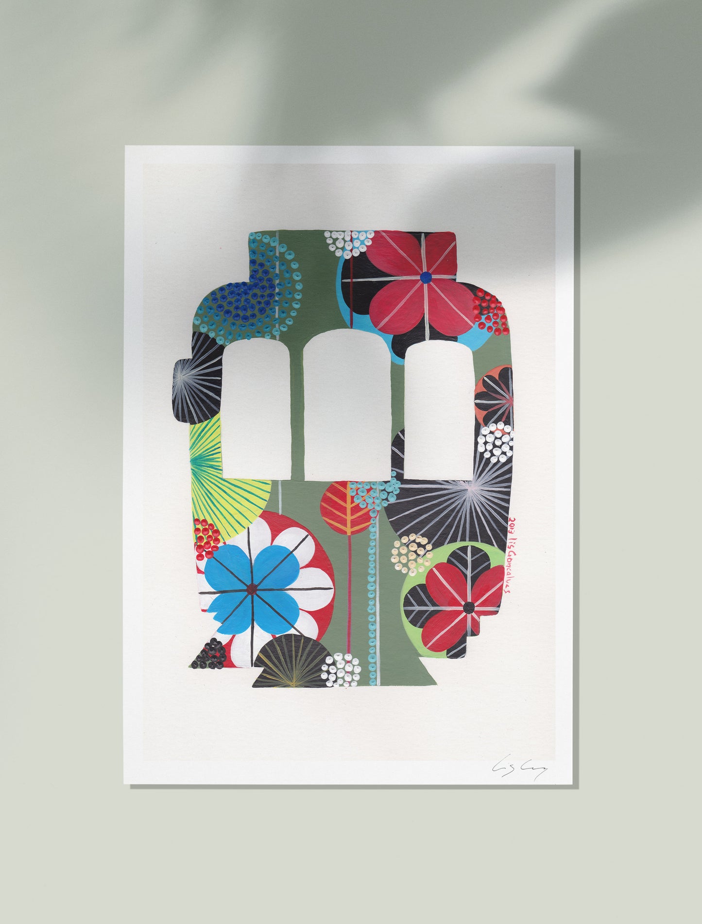 An unframed fine art print, by Lis Gonçalves. Open edition, signed by the artist (printed in Hahnemühle matt fibre paper) featuring a colorful Lisbon tram on a white background