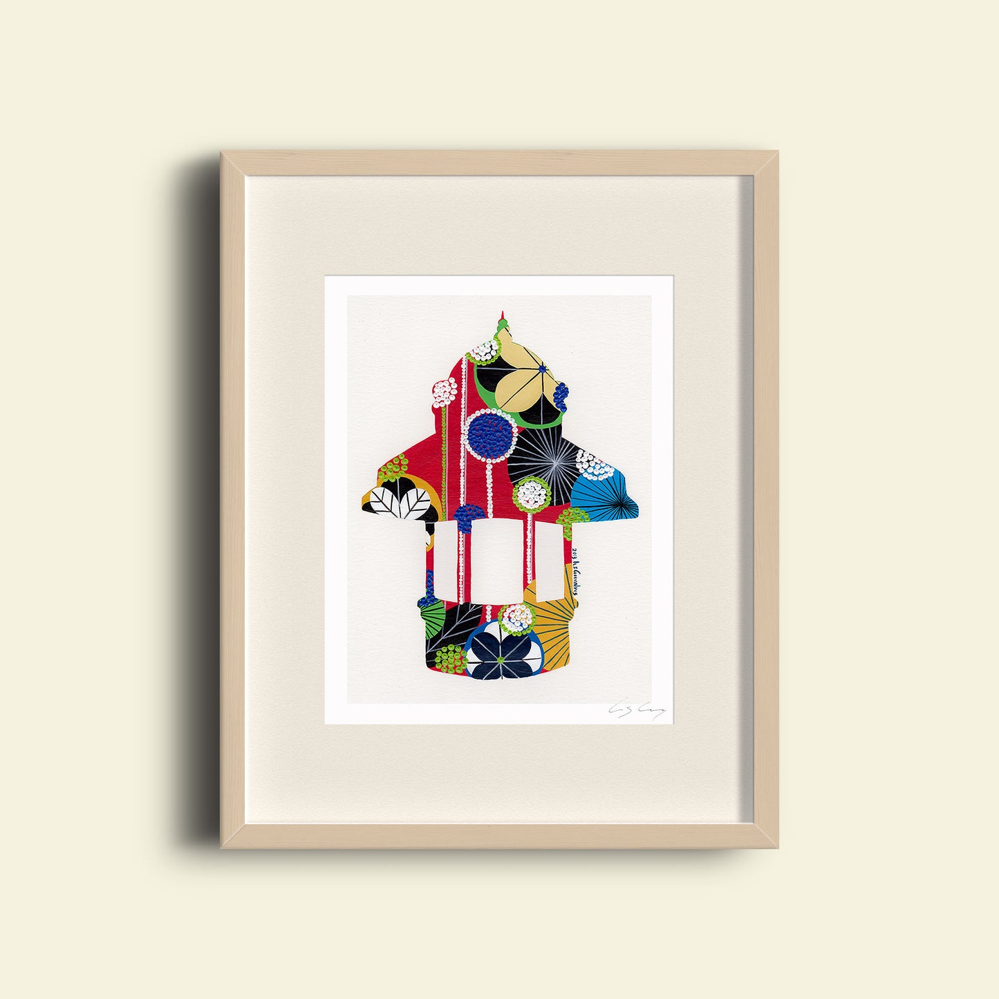 A framed fine art print, by Lis Gonçalves. Open edition, signed by the artist (printed in Hahnemühle matt fibre paper) of a colorful abstract kiosk on a beige background