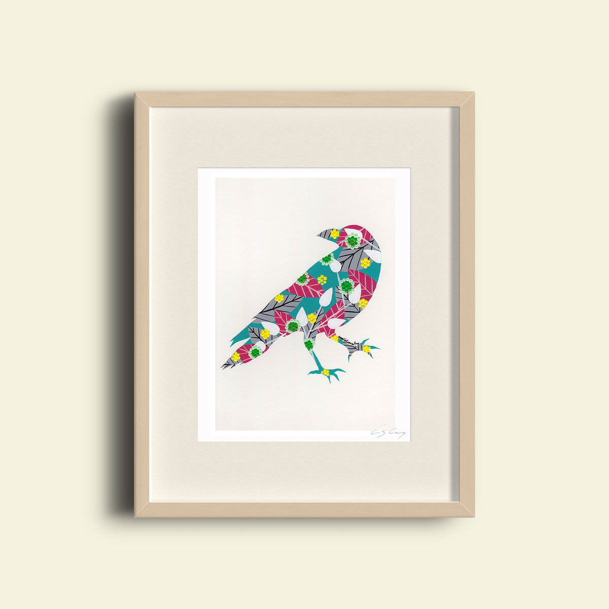 A framed fine art print, by Lis Gonçalves. Open edition, signed by the artist (printed in Hahnemühle matt fibre paper) featuring a colorful raven on a beige background