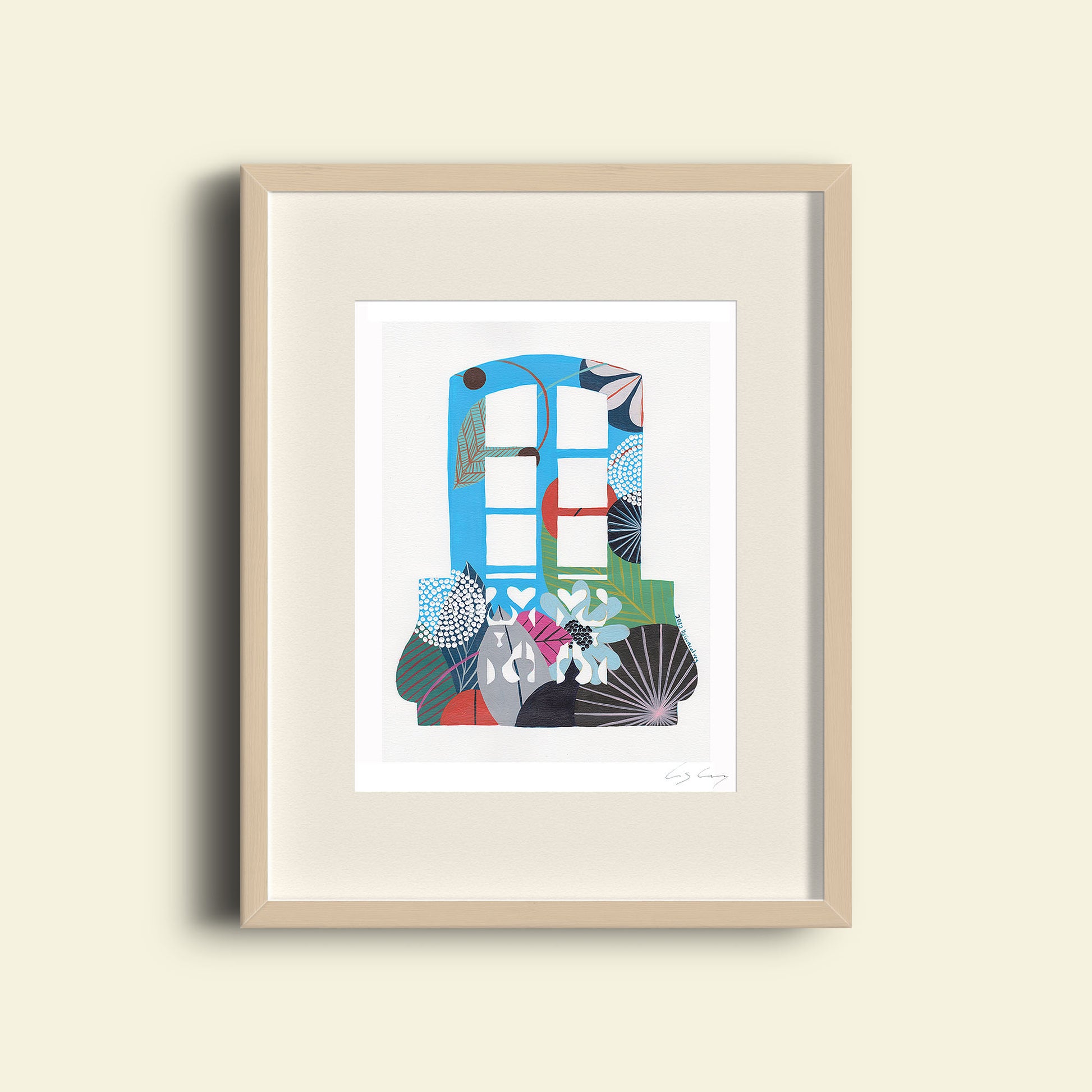 A framed fine art print, by Lis Gonçalves. Open edition, signed by the artist. Printed in Hahnemühle matt fibre paper; featuring an artwork with a colorful abstract design of a Lisbon Balcony on a beige background.