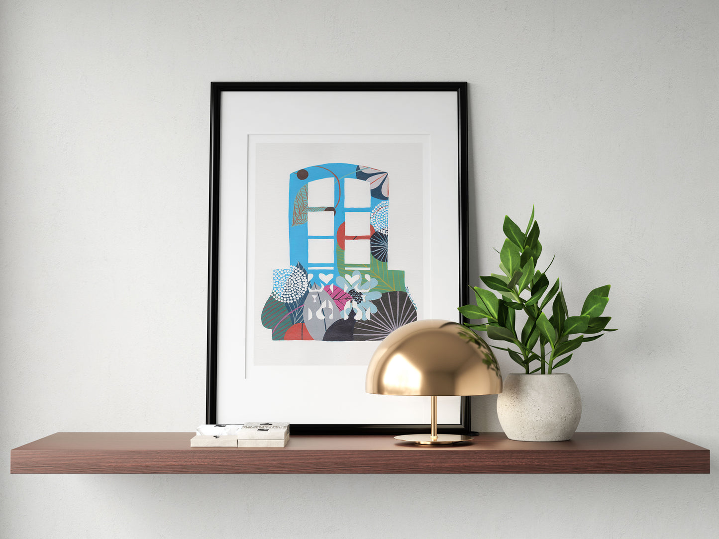 A framed fine art print, by Lis Gonçalves. Open edition, signed by the artist. Printed in Hahnemühle matt fibre paper; of an abstract artwork of a Lisbon Balcony on a wooden shelf with a lamp and plant against a white wall