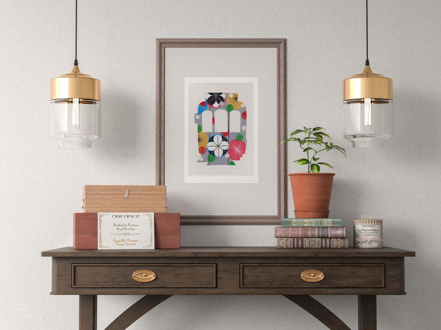 A framed fine art print, by Lis Gonçalves. Open edition, signed by the artist (printed in Hahnemühle matt fibre paper) featuring a colorful Lisbon tram on a wooden console table with decorative items against a gray wall