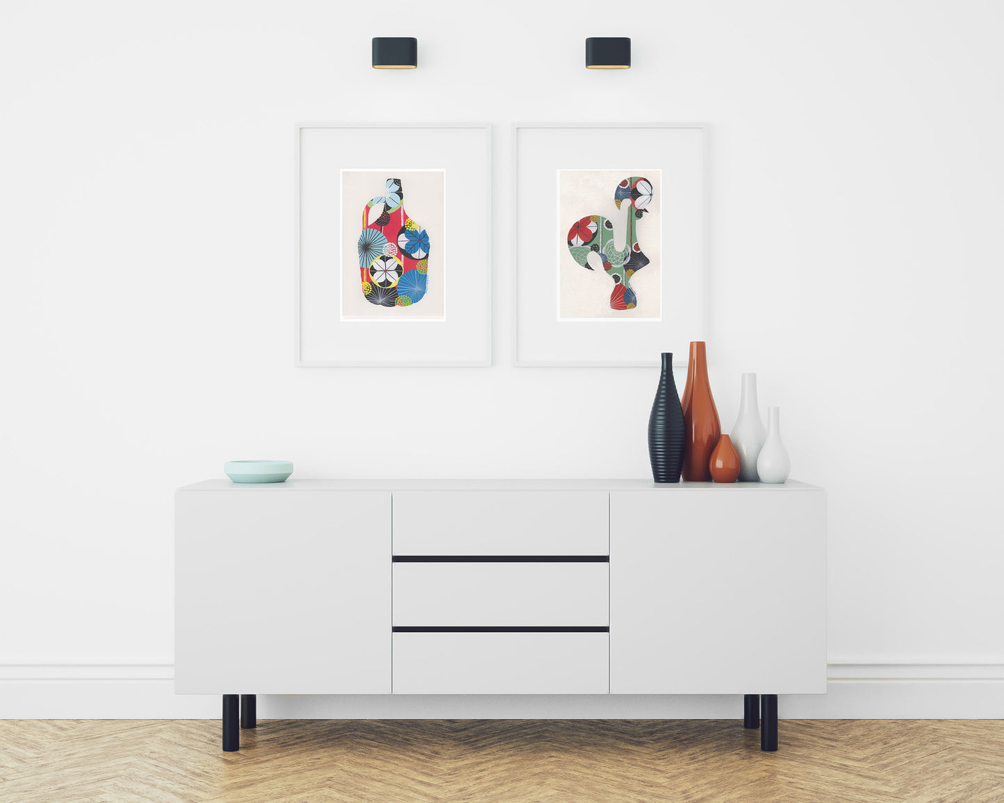 Two framed fine art prints, by Lis Gonçalves. Open edition, signed by the artist (printed in Hahnemühle matt fibre paper) featuring a colorful Portuguese rooster and a wine demijohn in a modern living room with white sideboard and decorative vases.