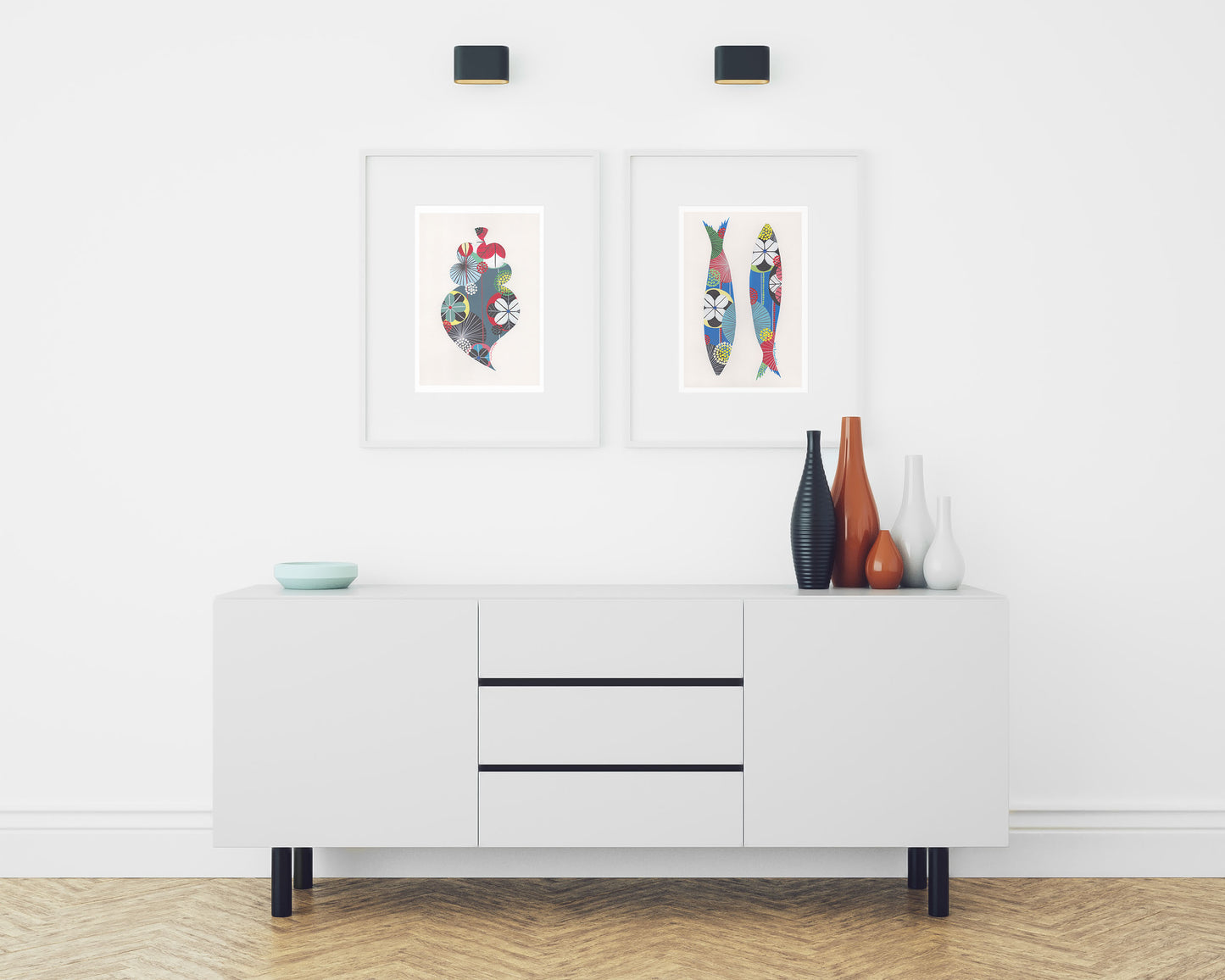 Two framed fine art prints, by Lis Gonçalves. Open edition, signed by the artist (printed in Hahnemühle matt fibre paper) featuring a colorful Portuguese Viana heart in a modern interior with a white sideboard and decorative vases.