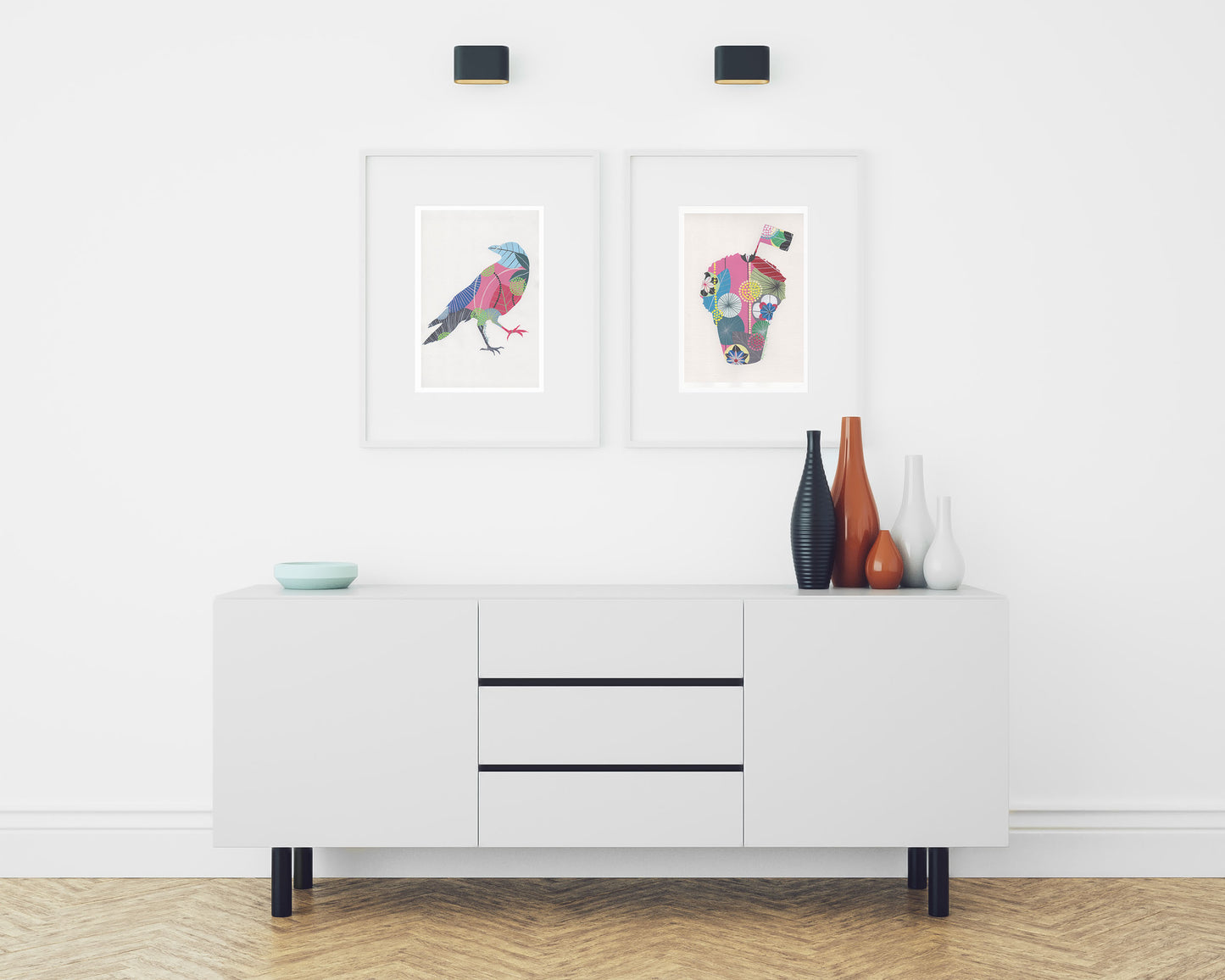 Two framed fine art prints, by Lis Gonçalves. Open edition, signed by the artist (printed in Hahnemühle matt fibre paper) of a raven and a manjerico over a white cabinet with decorative items on a white wall.