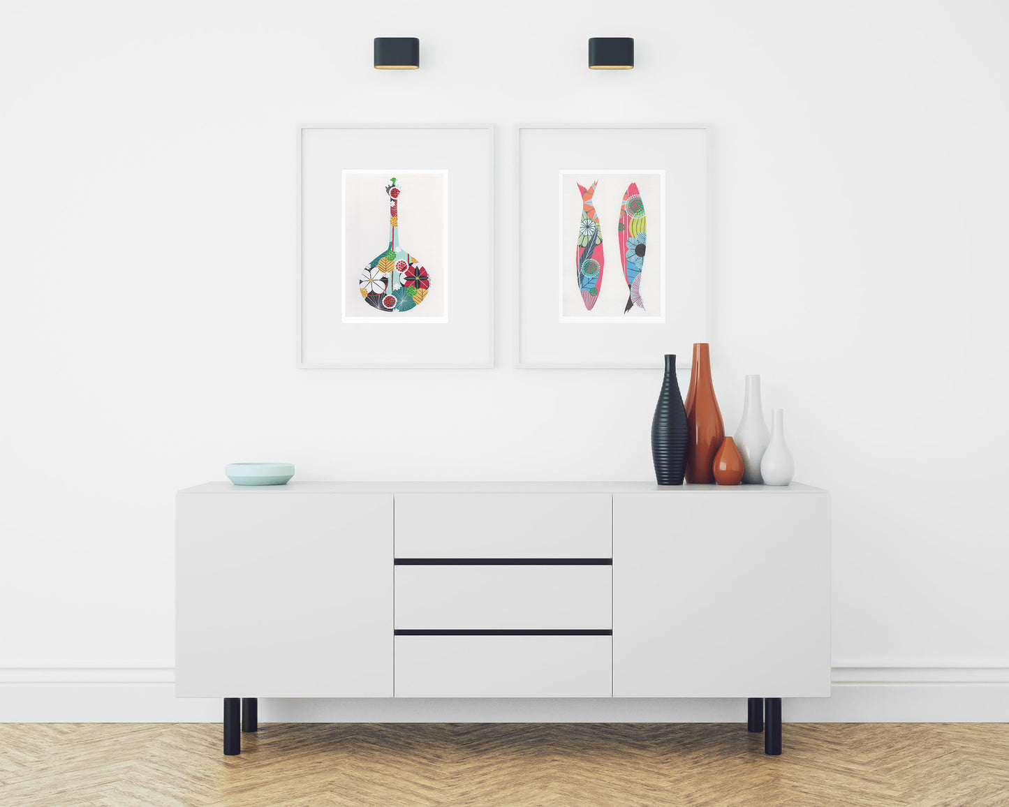 A framed fine art print, by Lis Gonçalves. Open edition, signed by the artist (printed in Hahnemühle matt fibre paper) featuring a colorful Portuguese guitar in a modern interior with a white cabinet and decorative vases.