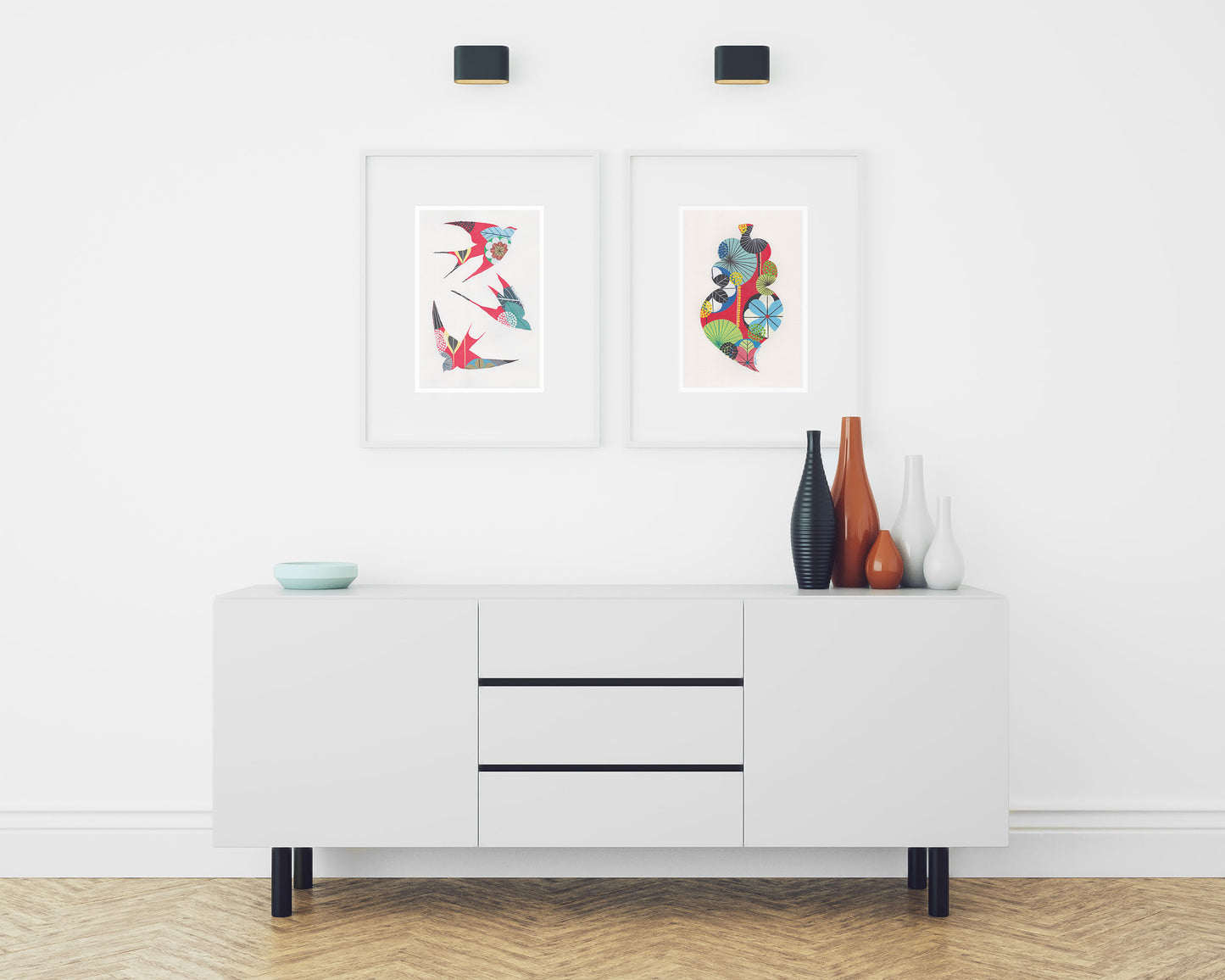 Two framed fine art prints, by Lis Gonçalves. Open edition, signed by the artist (printed in Hahnemühle matt fibre paper) featuring colorful swallows and a Portuguese heart on a white sideboard with decorative vases on a white wall.