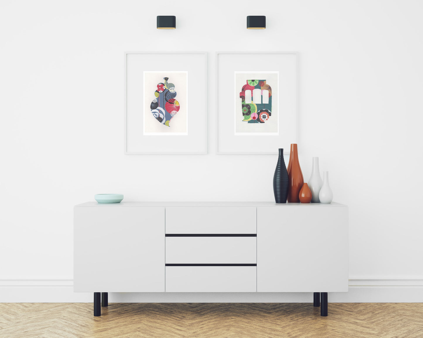 Two framed fine art print, by Lis Gonçalves. Open edition, signed by the artist (printed in Hahnemühle matt fibre paper) featuring a colorful Lisbon tram and a Portuguese heart over a white cabinet with decorative items.