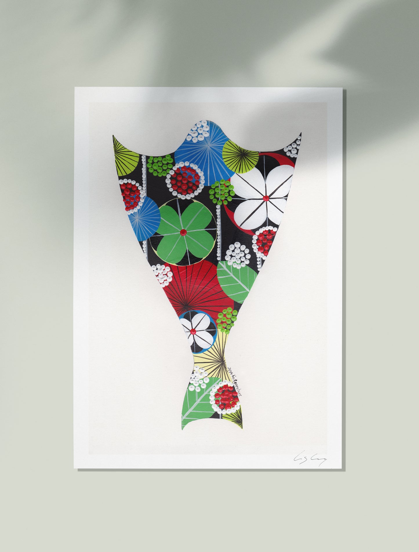 An unframed fine art print, by Lis Gonçalves. Open edition, signed by the artist (printed in Hahnemühle matt fibre paper) featuring a colorful cod on a white background