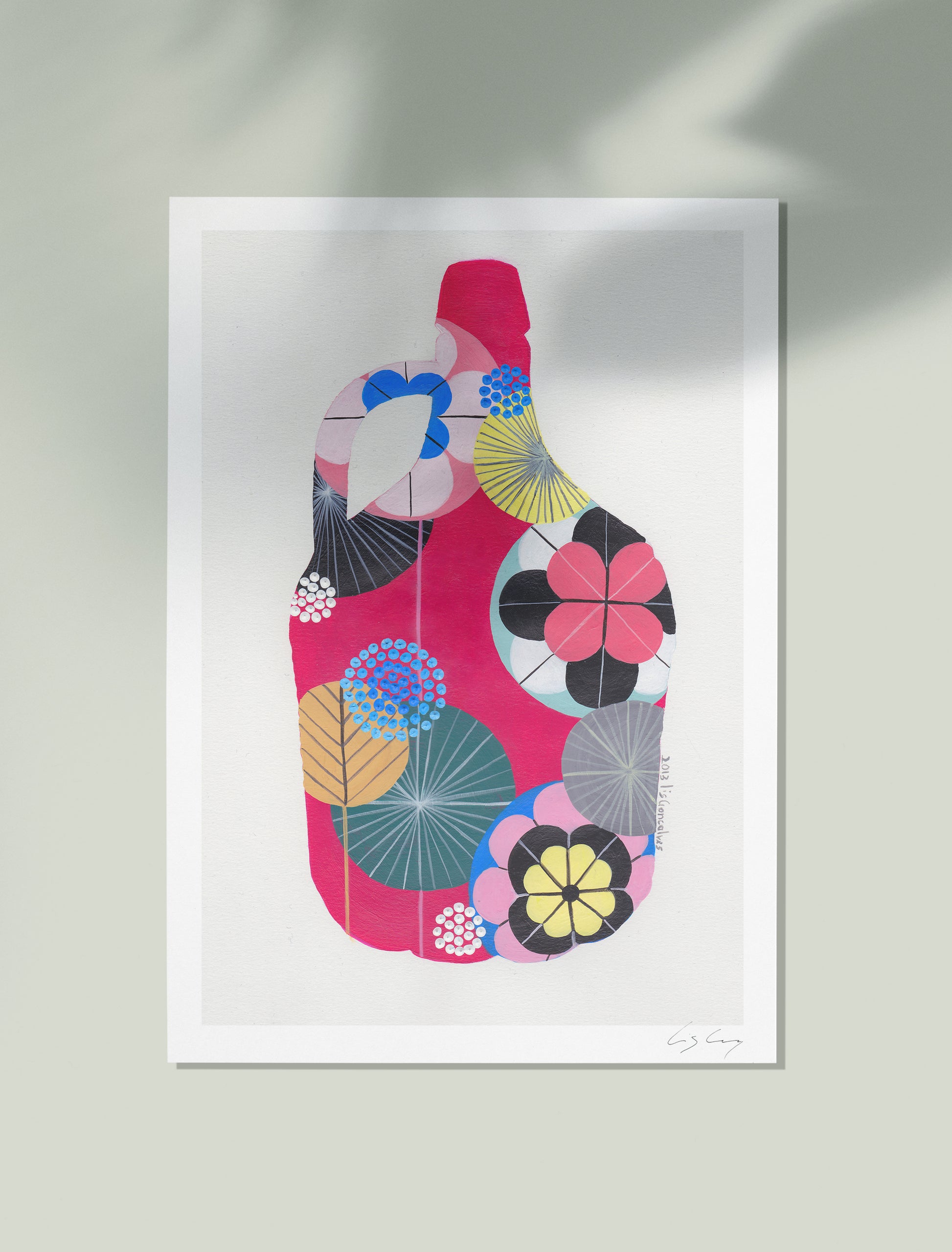 A framed fine art print, by Lis Gonçalves. Open edition, signed by the artist. Printed in Hahnemühle matt fibre paper; featuring a 5 litre bottle of wine with colorful abstract design on a white background