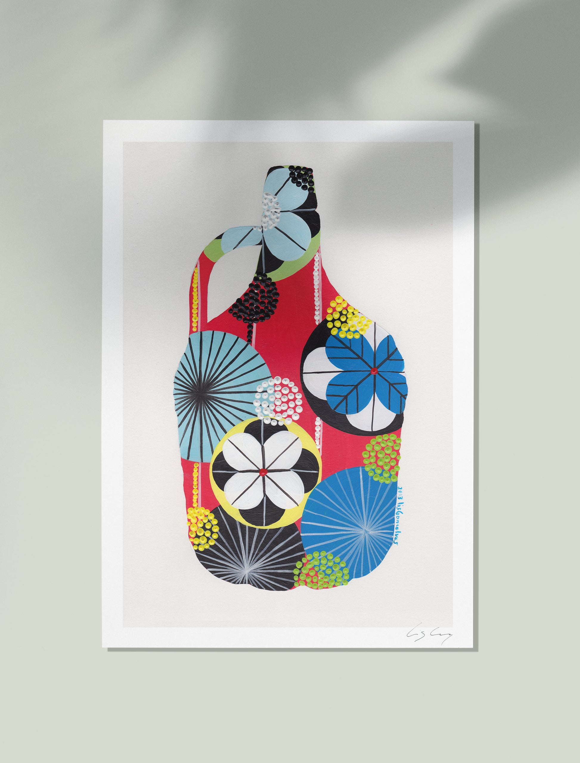 An unframed fine art print, by Lis Gonçalves. Open edition, signed by the artist. Printed in Hahnemühle matt fibre paper; featuring a colorful abstract design of a 5litre bottle of  wine on a light gray background.