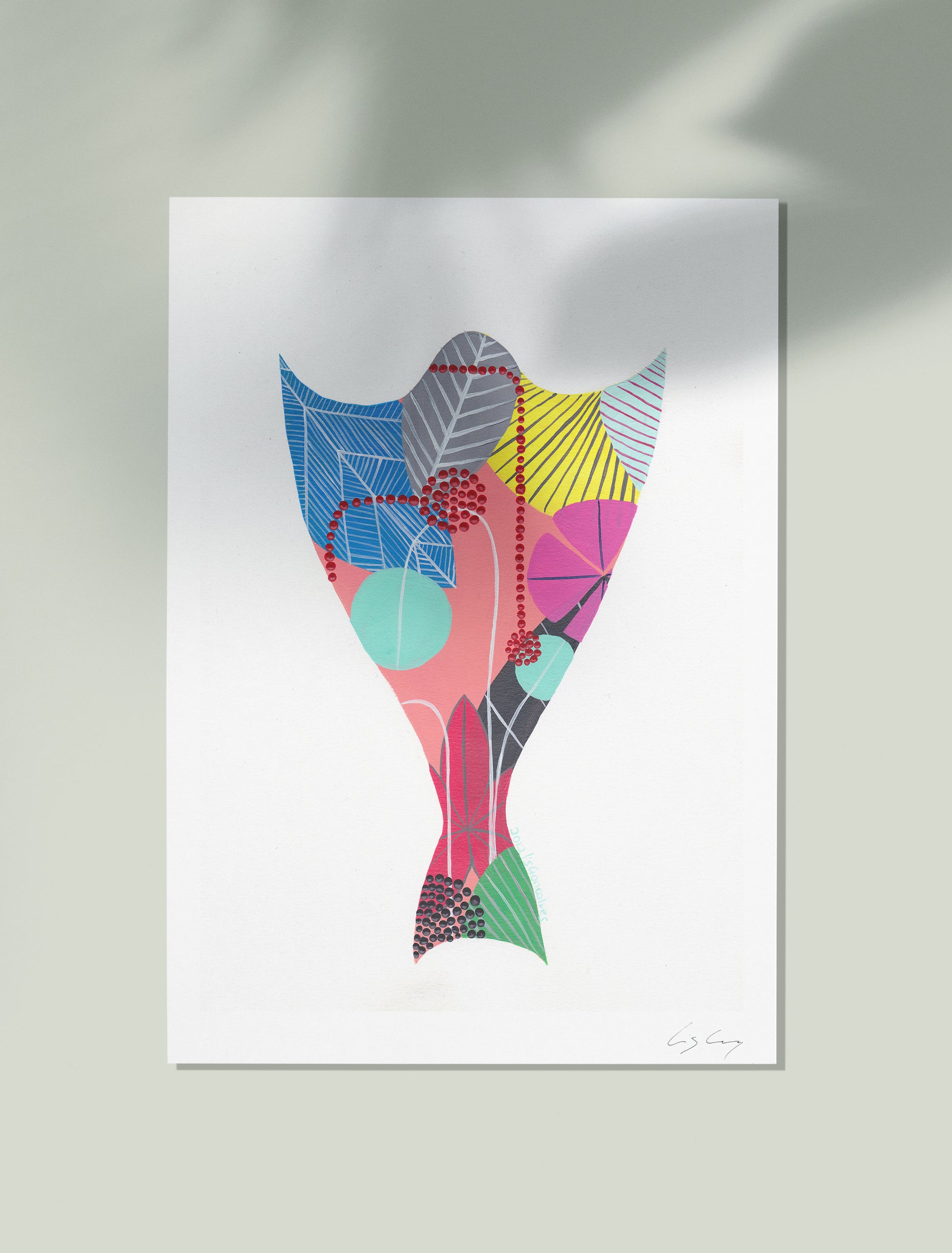 An unframed fine art print, by Lis Gonçalves. Open edition, signed by the artist (printed in Hahnemühle matt fibre paper) featuring a colorful cod fish illustration on a white background.