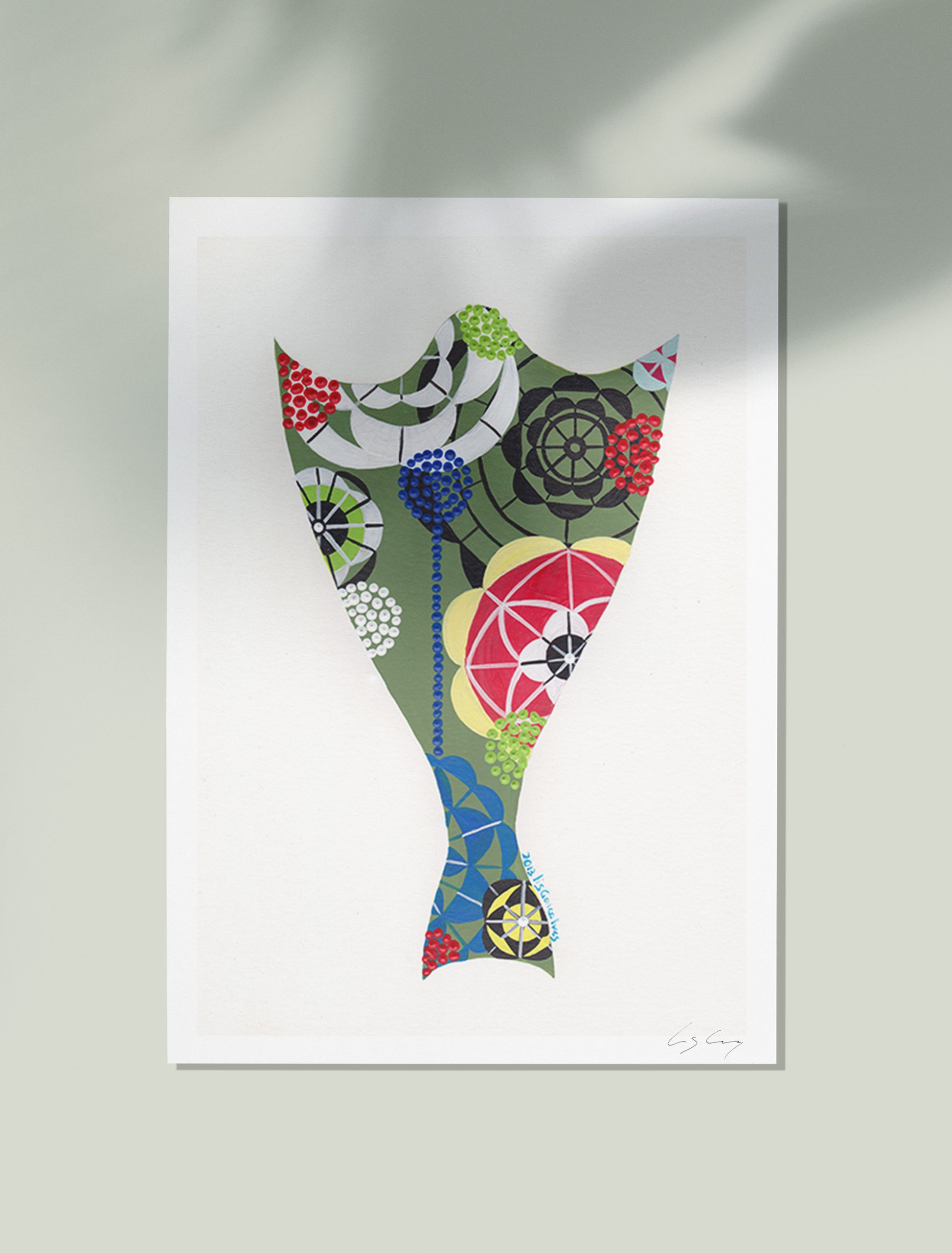 An unframed fine art print, by Lis Gonçalves. Open edition, signed by the artist (printed in Hahnemühle matt fibre paper) featuring a colorful bacalhau illustration on a white background