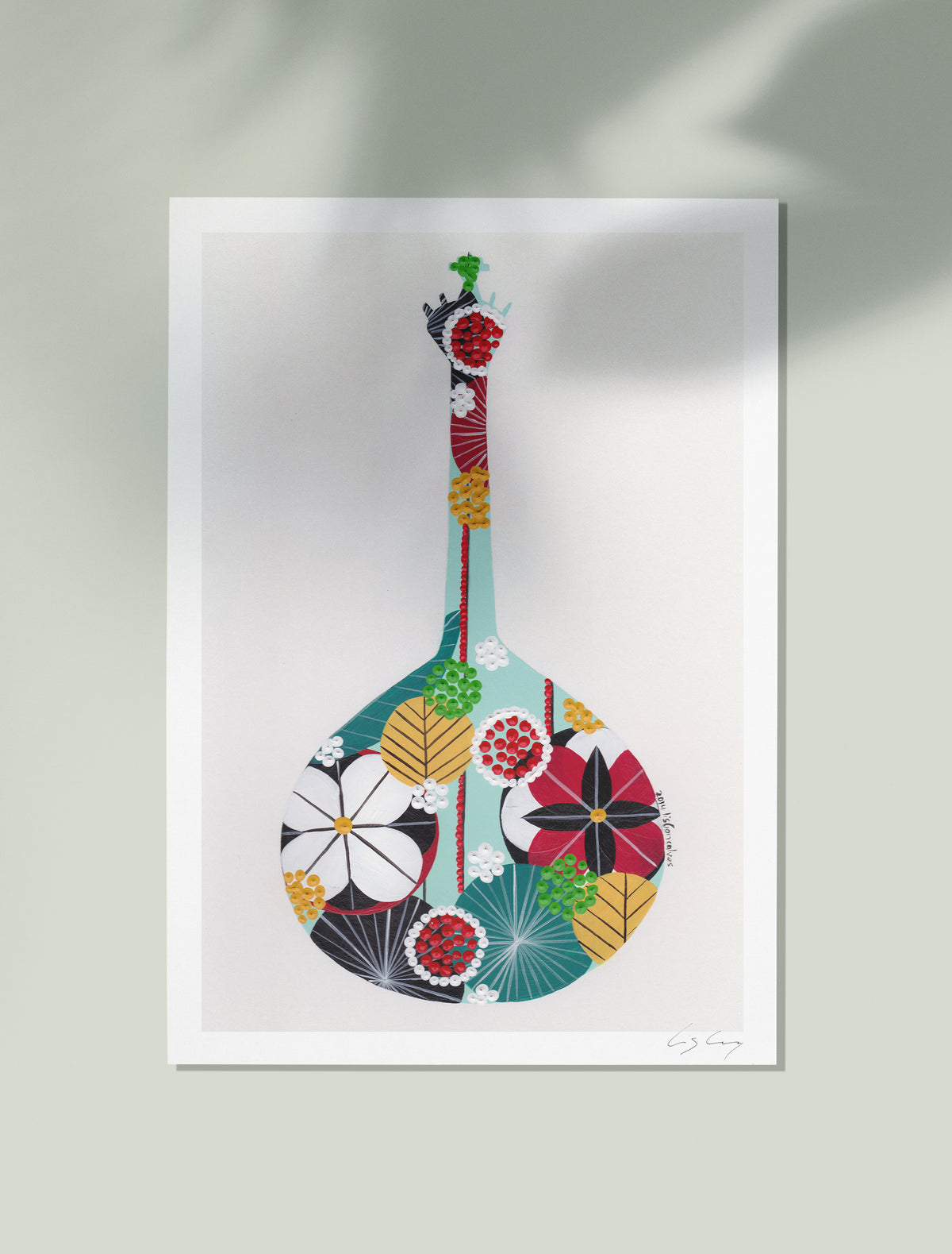 An unframed fine art print, by Lis Gonçalves. Open edition, signed by the artist (printed in Hahnemühle matt fibre paper) featuring a colorful Portuguese guitar on a white background.
