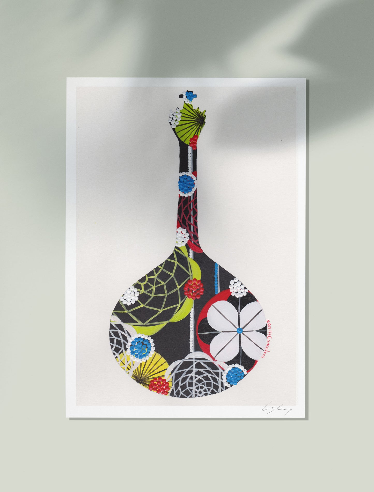 An unframed fine art print, by Lis Gonçalves. Open edition, signed by the artist (printed in Hahnemühle matt fibre paper) featuring a colorful Portuguese guitar on a white background