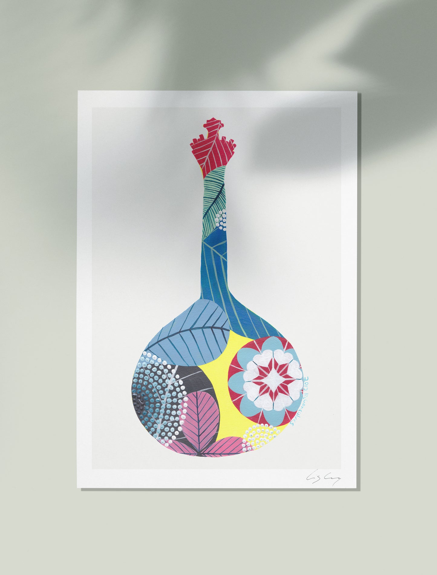 An unframed fine art print, by Lis Gonçalves. Open edition, signed by the artist (printed in Hahnemühle matt fibre paper) featuring a colorful Portuguese guitar, on a white background