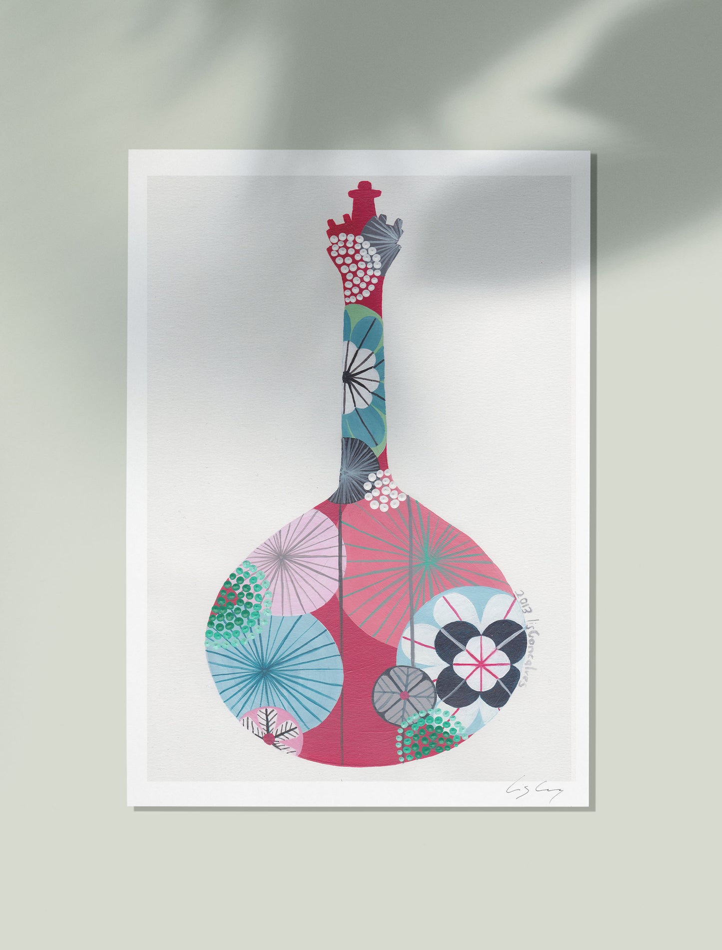 An unframed fine art print, by Lis Gonçalves. Open edition, signed by the artist (printed in Hahnemühle matt fibre paper) featuring a colorful Portuguese guitar on a white background