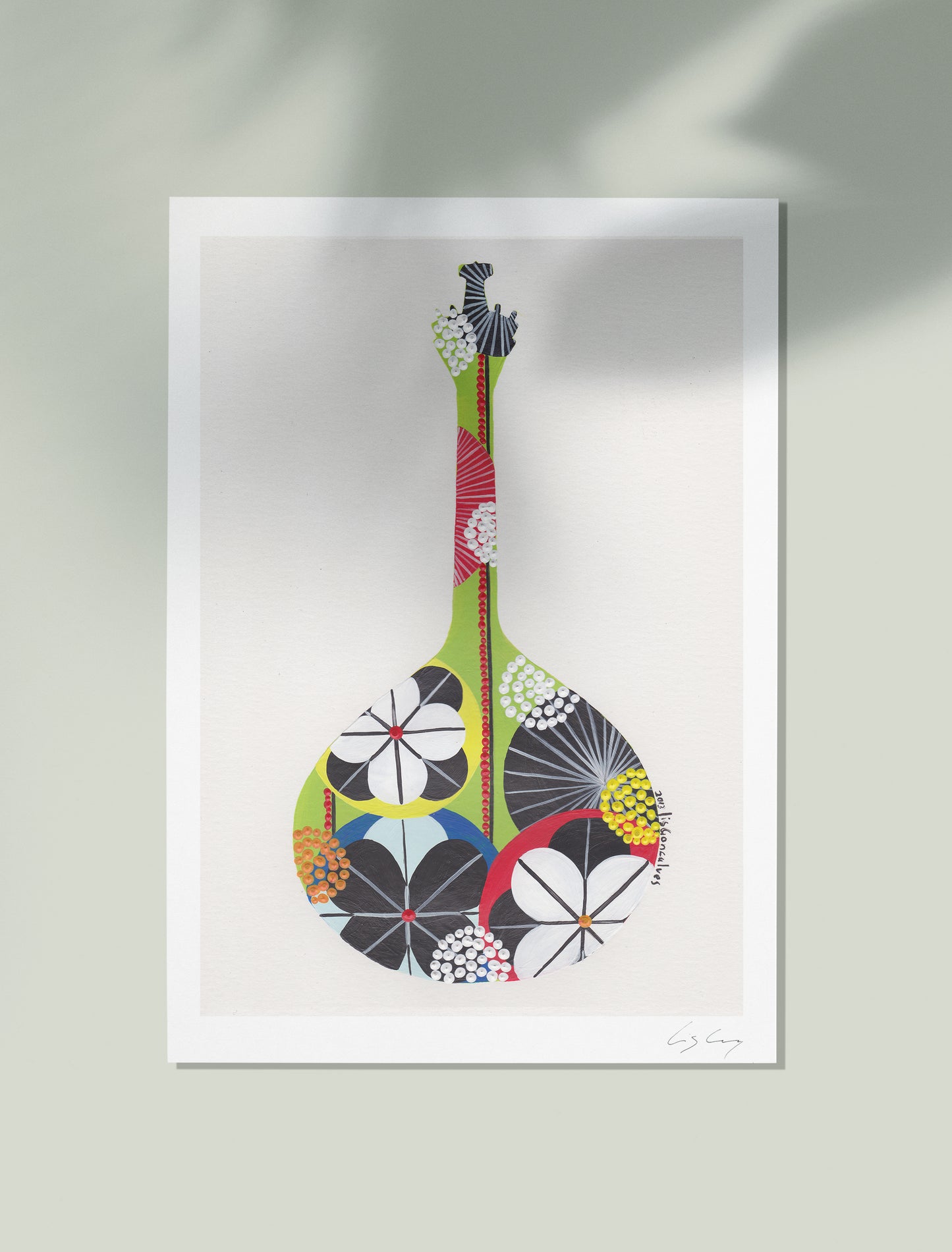 An unframed fine art print, by Lis Gonçalves. Open edition, signed by the artist (printed in Hahnemühle matt fibre paper) featuring a colorful Portuguese guitar, on a white background