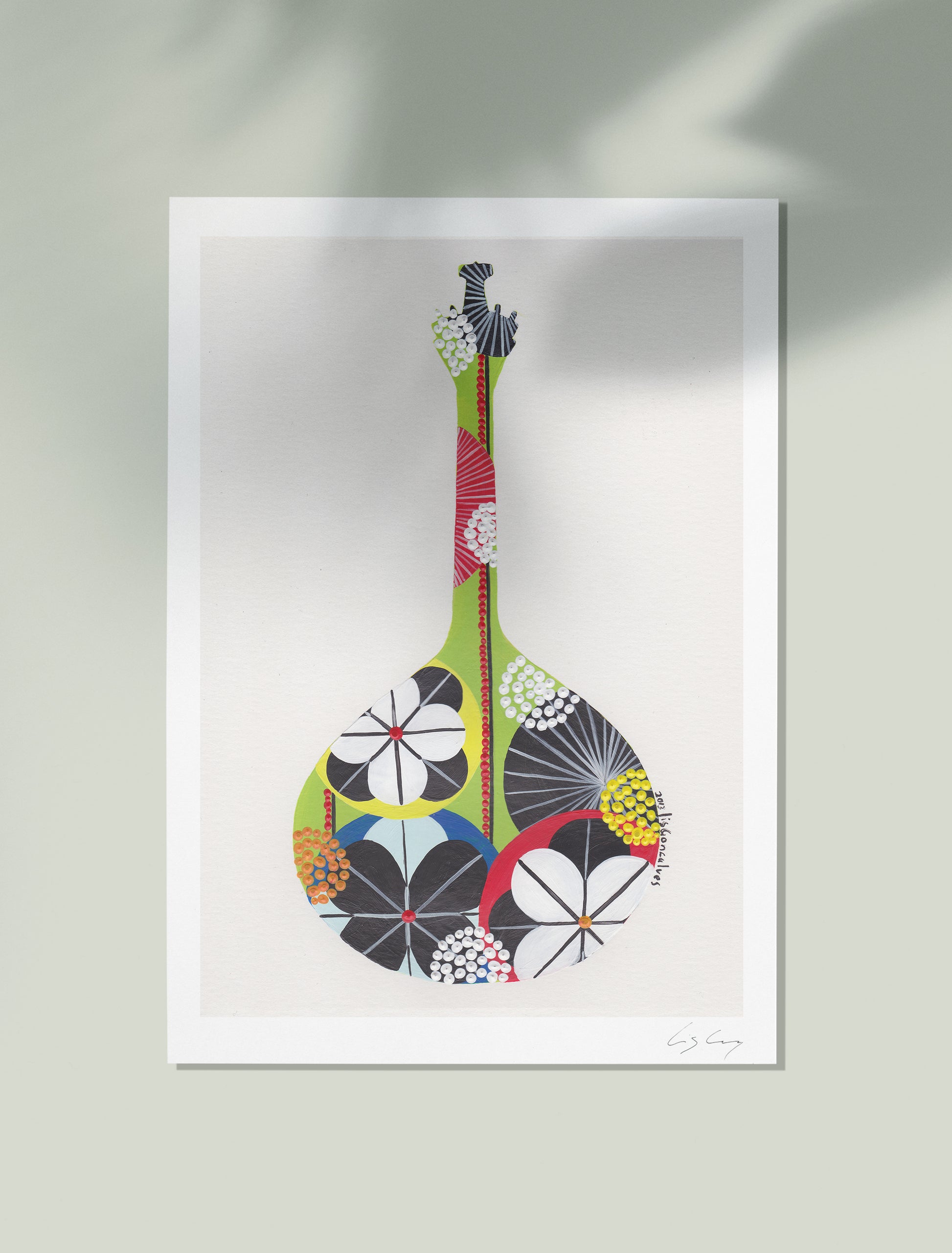 An unframed fine art print, by Lis Gonçalves. Open edition, signed by the artist (printed in Hahnemühle matt fibre paper) featuring a colorful Portuguese guitar, on a white background