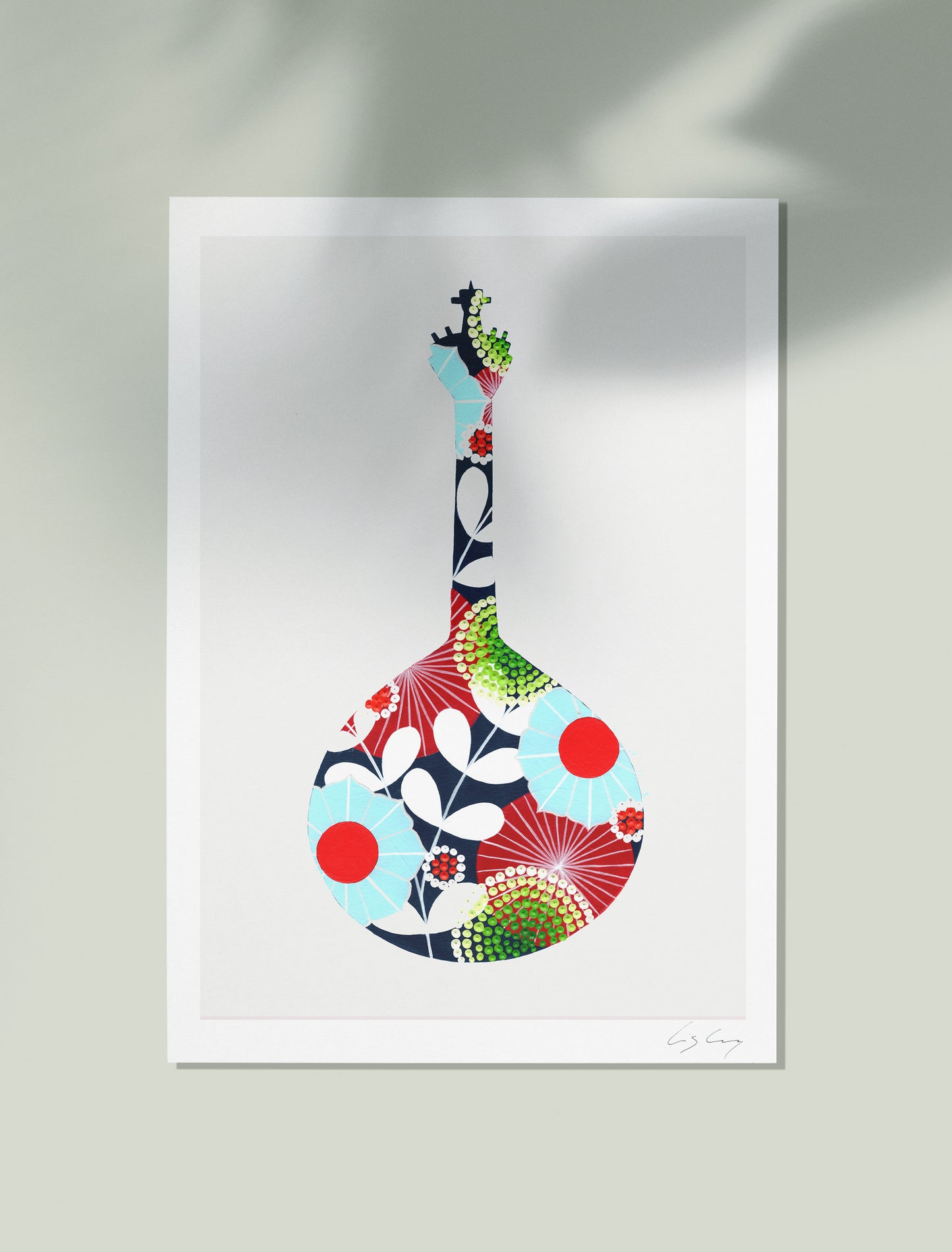 An unframed fine art print, by Lis Gonçalves. Open edition, signed by the artist (printed in Hahnemühle matt fibre paper) featuring a colorful Portuguese guitar on a white background.