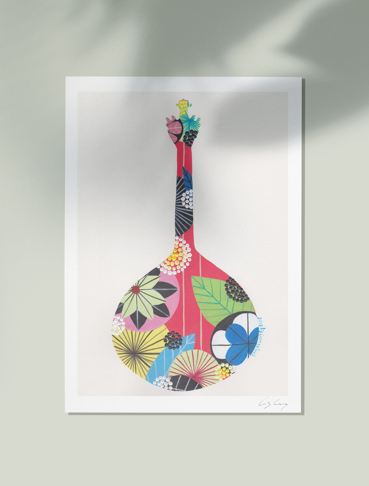 An unframed fine art print, by Lis Gonçalves. Open edition, signed by the artist (printed in Hahnemühle matt fibre paper) featuring a colorful Portuguese guitar on a white background