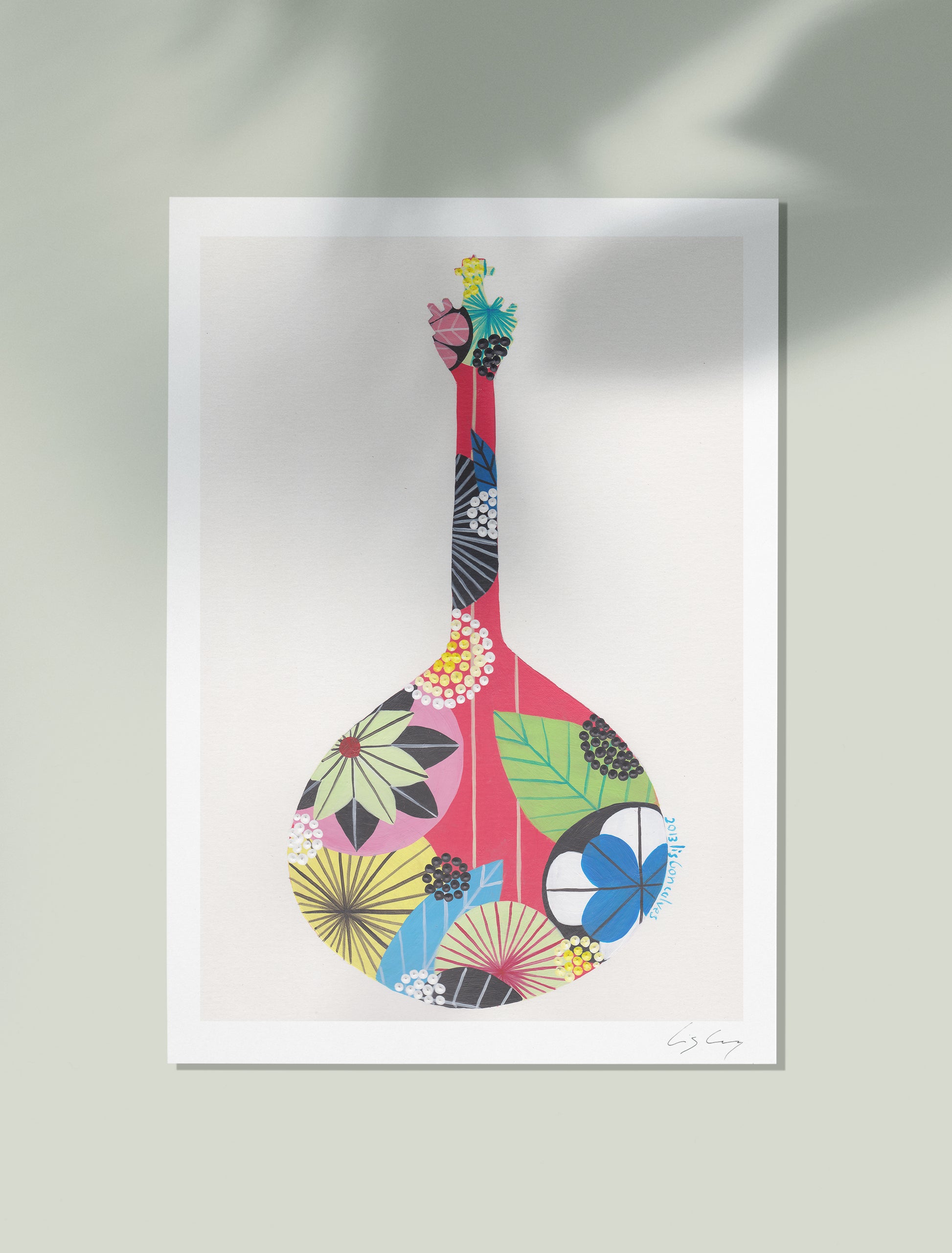 An unframed fine art print, by Lis Gonçalves. Open edition, signed by the artist (printed in Hahnemühle matt fibre paper) featuring a colorful Portuguese guitar on a white background