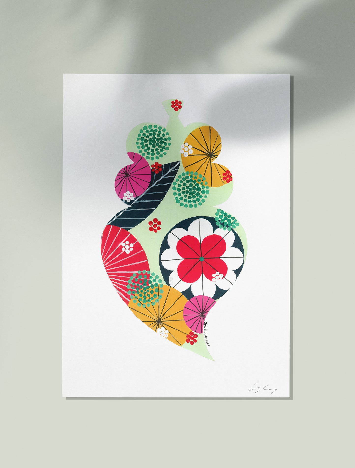 An unframed fine art print, by Lis Gonçalves. Open edition, signed by the artist (printed in Hahnemühle matt fibre paper) featuring a colorful Portuguese Viana heart on a white background