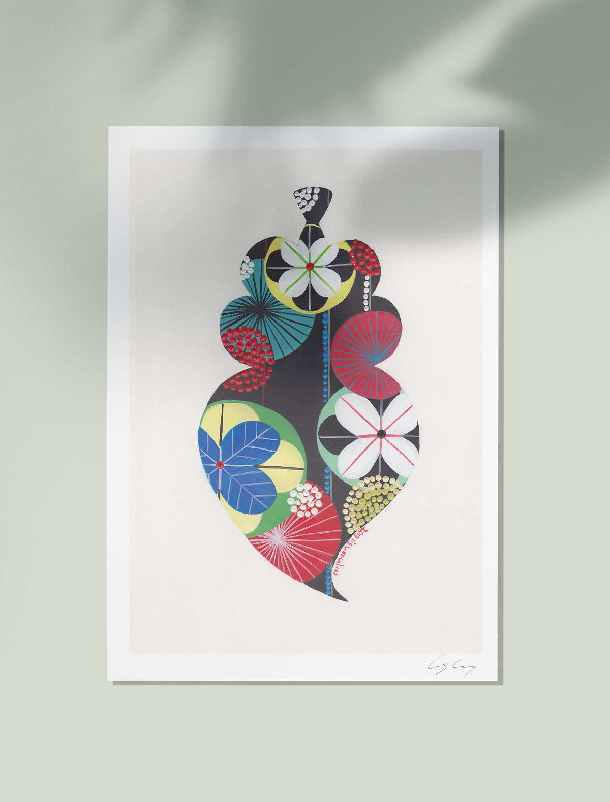 A framed fine art print, by Lis Gonçalves. Open edition, signed by the artist (printed in Hahnemühle matt fibre paper) featuring a colorful Portuguese Viana heart on a light gray background