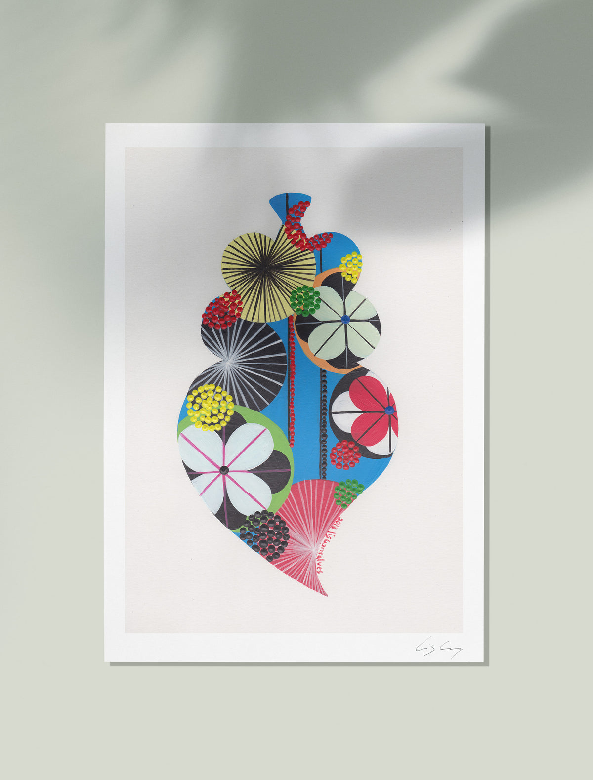 An unframed fine art print, by Lis Gonçalves. Open edition, signed by the artist (printed in Hahnemühle matt fibre paper) featuring a colorful Portuguese Viana heart on a light gray background