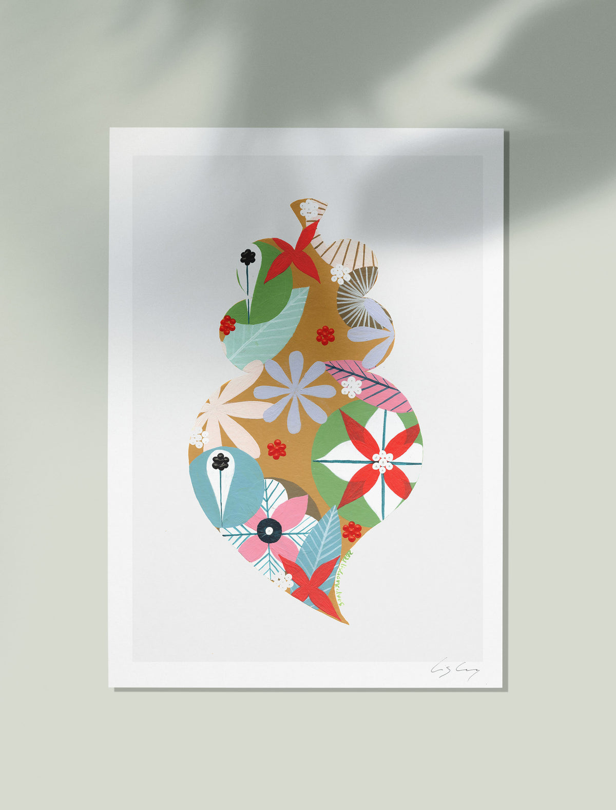 An unframed fine art print, by Lis Gonçalves. Open edition, signed by the artist (printed in Hahnemühle matt fibre paper) featuring a colorful Portuguese Viana heart Colorful abstract design on a white background