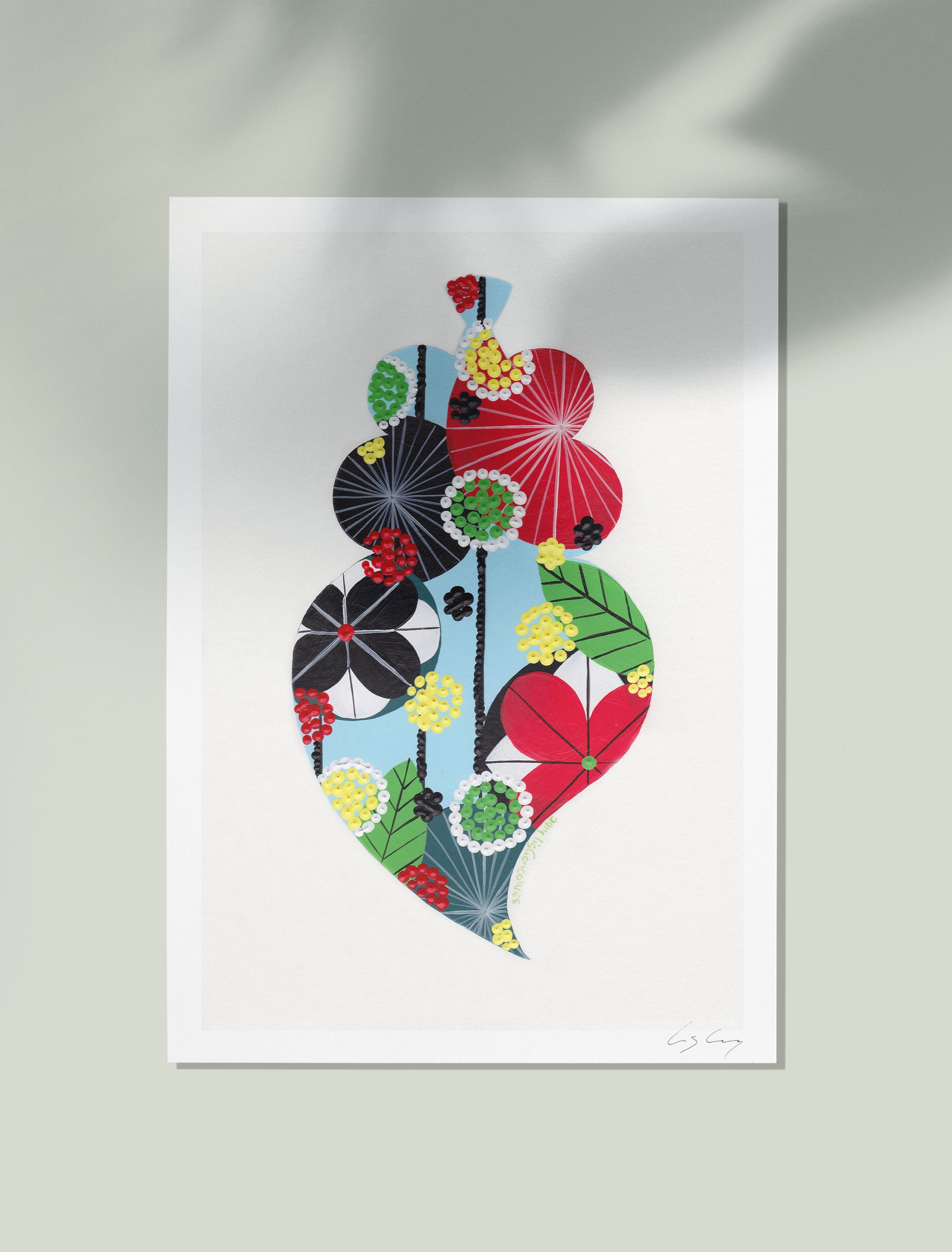 An unframed fine art print, by Lis Gonçalves. Open edition, signed by the artist (printed in Hahnemühle matt fibre paper) featuring a colorful Portuguese Viana heart on a white background