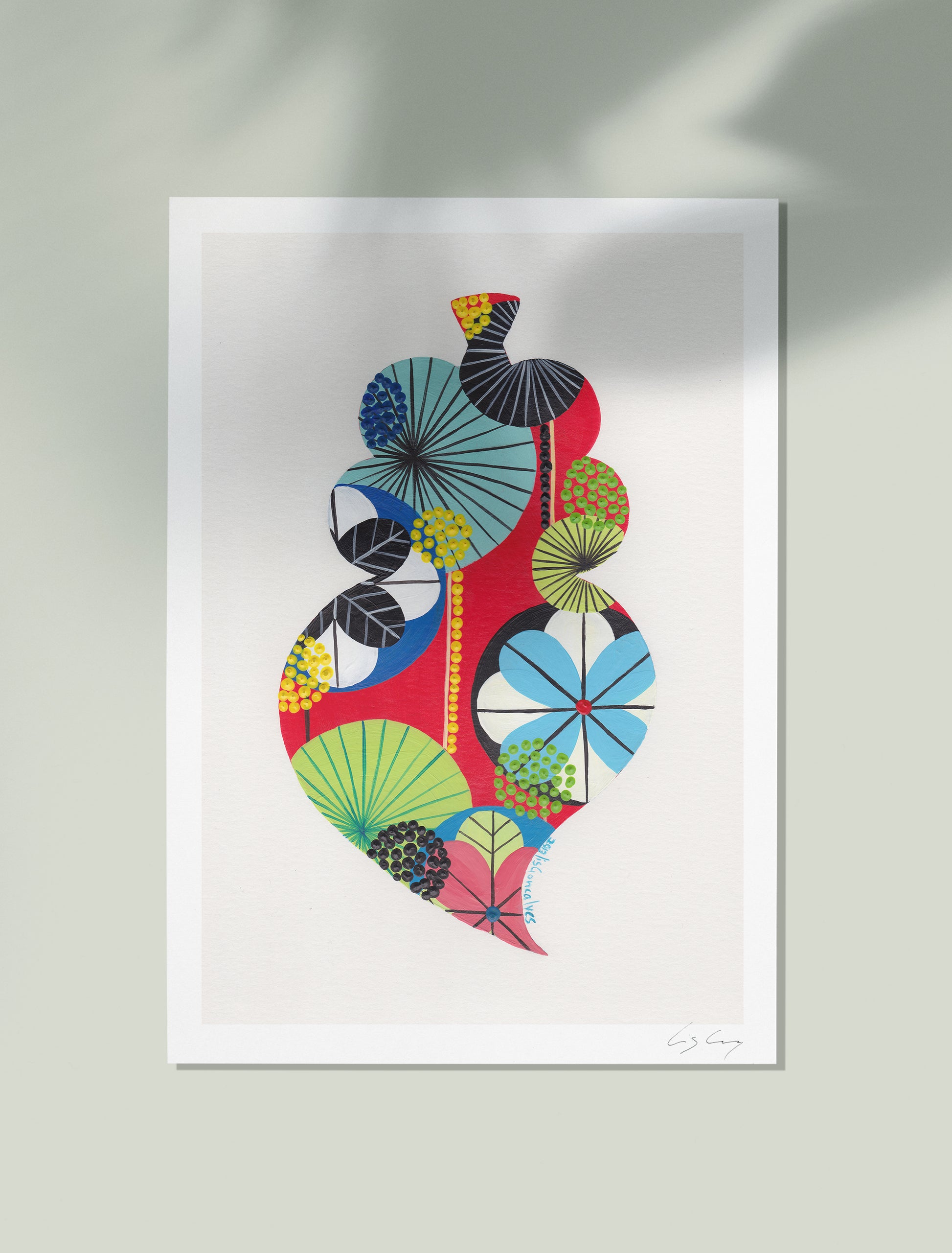 An unframed fine art print, by Lis Gonçalves. Open edition, signed by the artist (printed in Hahnemühle matt fibre paper) featuring a colorful Portuguese Viana heart on a light gray background