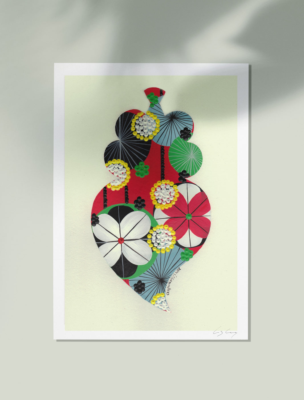 An unframed fine art print, by Lis Gonçalves. Open edition, signed by the artist (printed in Hahnemühle matt fibre paper) featuring a colorful Portuguese Viana heart on a light gray background