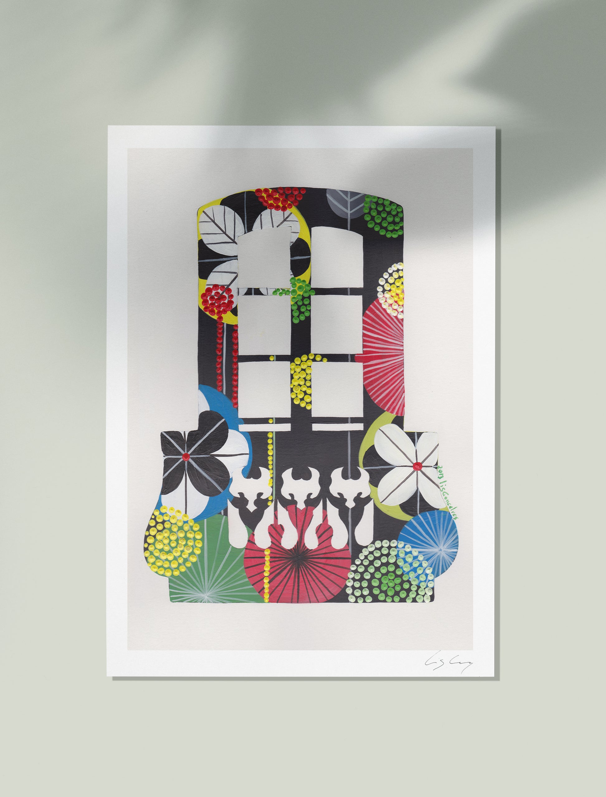 An unframed fine art print, by Lis Gonçalves. Open edition, signed by the artist (printed in Hahnemühle matt fibre paper) featuring a colorful Lisbon balcony with geometric shapes and patterns on a white background