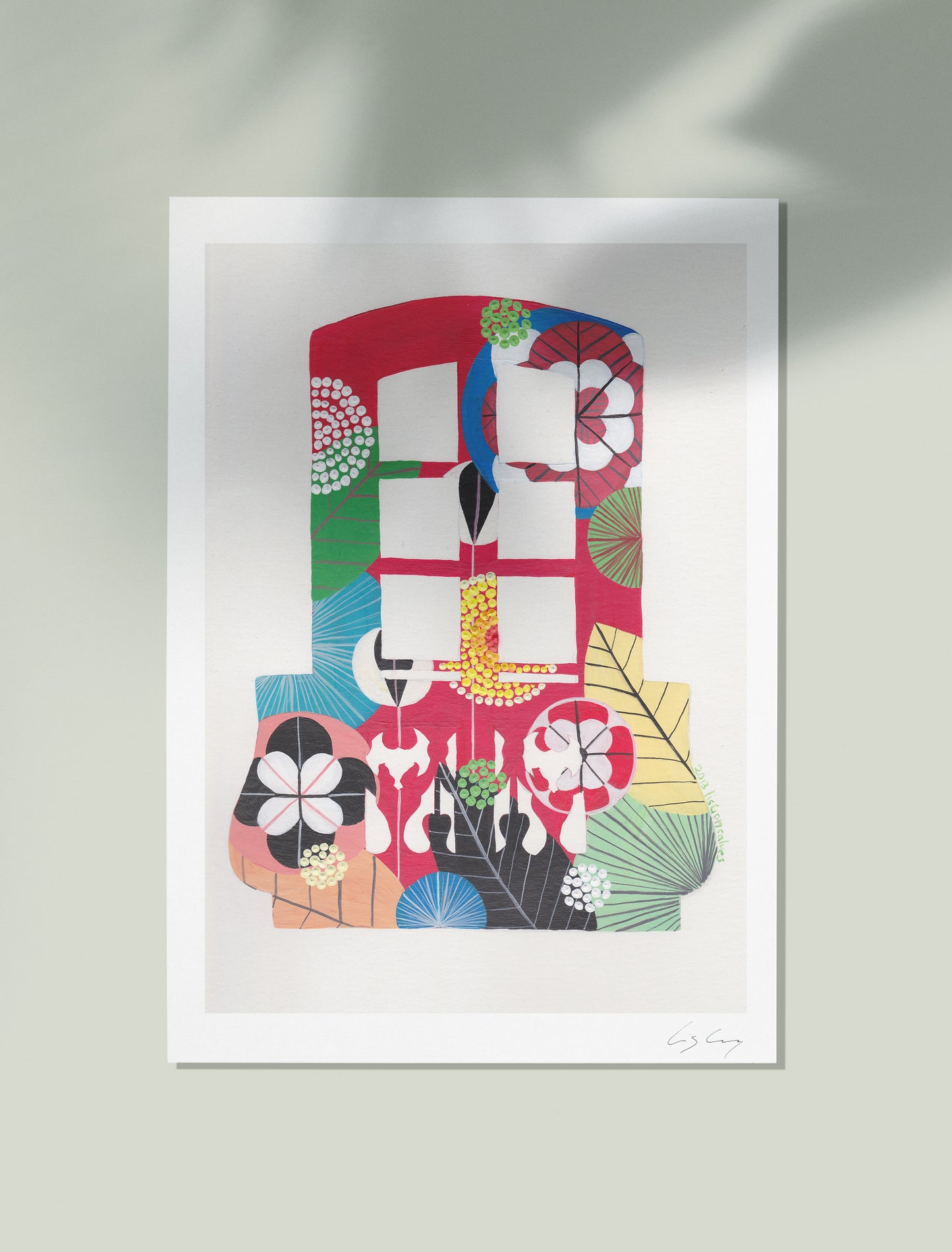 An unframed fine art print, by Lis Gonçalves. Open edition, signed by the artist. Printed in Hahnemühle matt fibre paper; featuring a Lisbon balcony filled with colorful abstract patterns, on a light gray wall