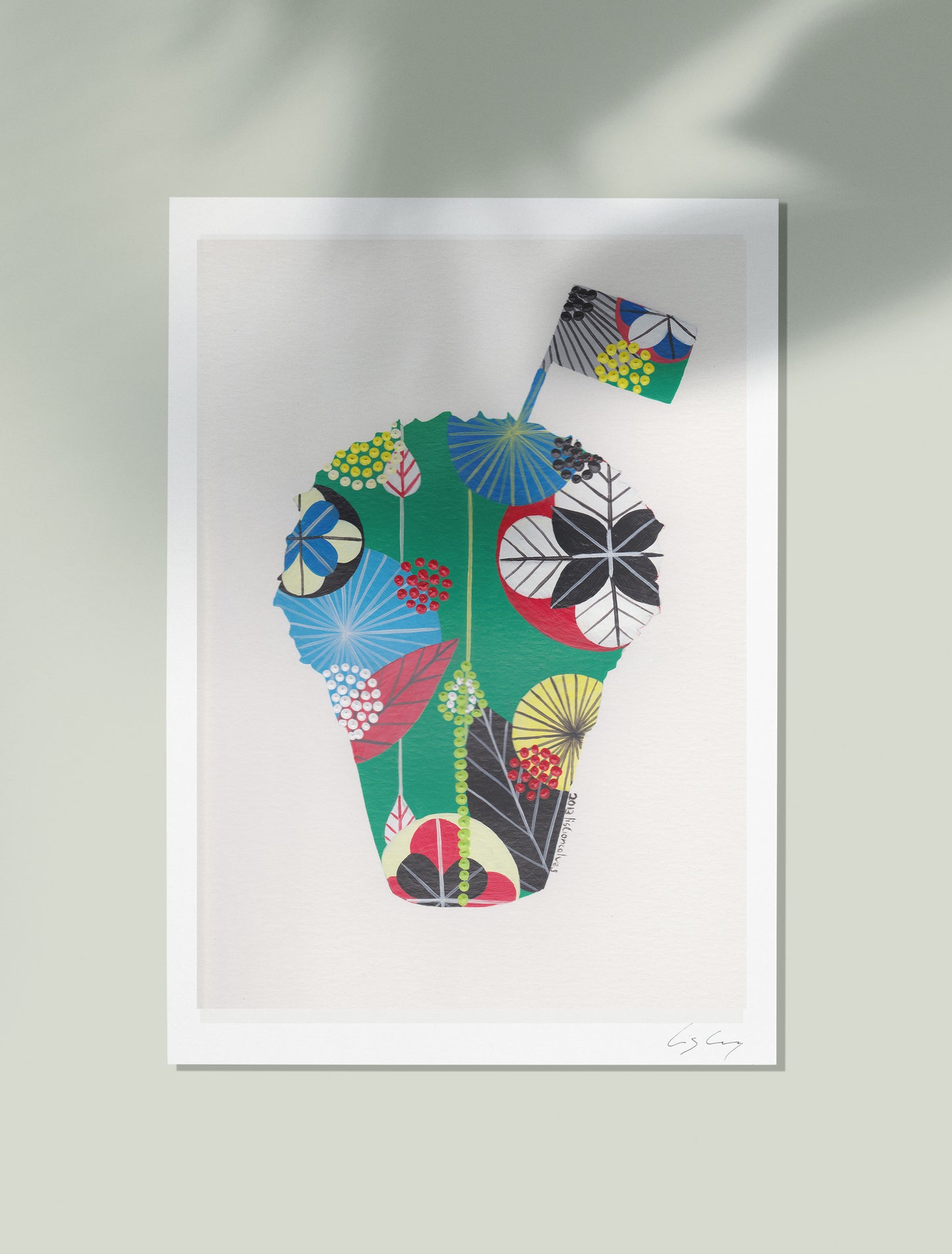 An unframed fine art print, by Lis Gonçalves. Open edition, signed by the artist (printed in Hahnemühle matt fibre paper) featuring a colorful manjerico basil plant on a light gray background