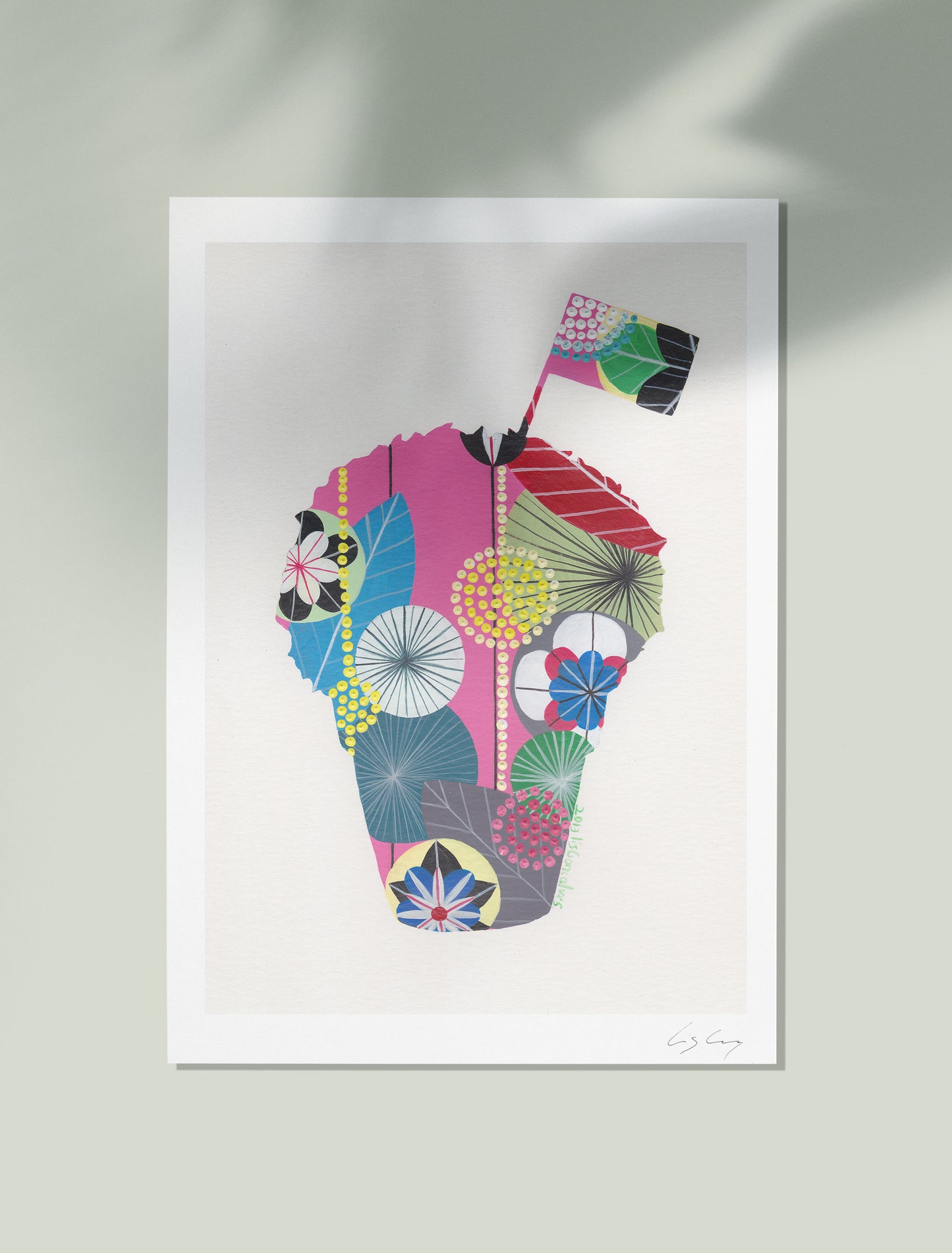 An unframed fine art print, by Lis Gonçalves. Open edition, signed by the artist (printed in Hahnemühle matt fibre paper) featuring a colorful manjerico on a white background