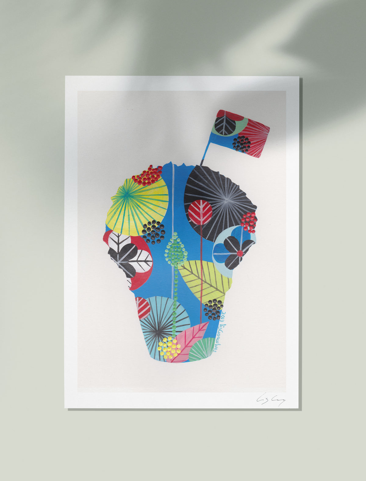 An unframed fine art print, by Lis Gonçalves. Open edition, signed by the artist (printed in Hahnemühle matt fibre paper) featuring a colorful manjerico basil plant on a light gray background