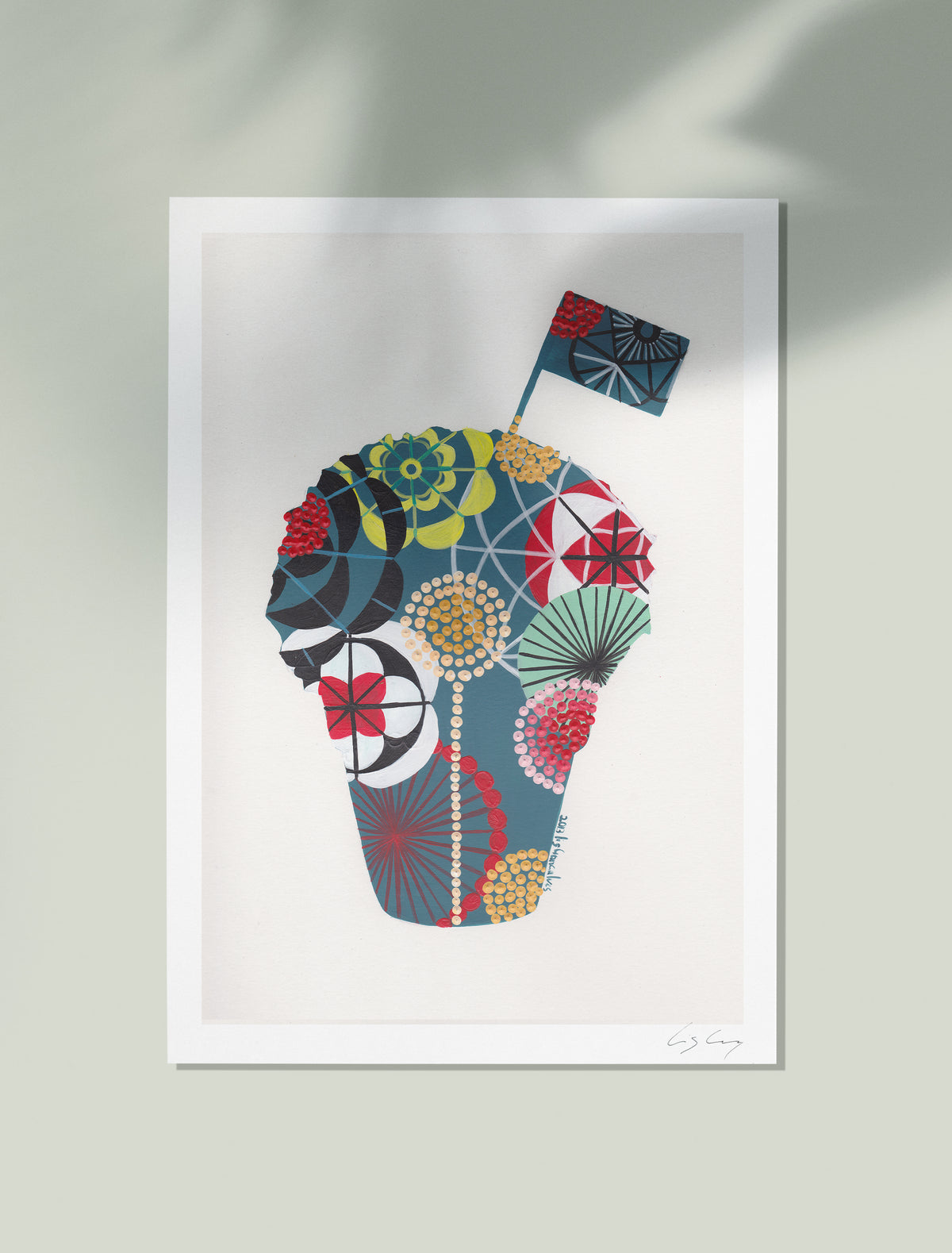 An unframed fine art print, by Lis Gonçalves. Open edition, signed by the artist (printed in Hahnemühle matt fibre paper) featuring a colorful manjerico illustration on a white background